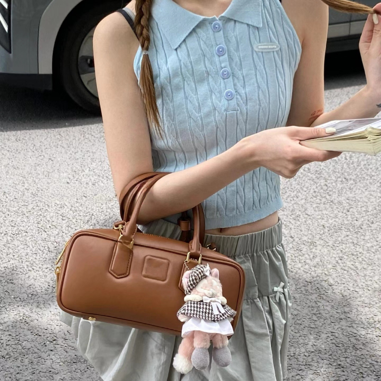 Compact Boxy Leather Bowling Top‑Handle Bag