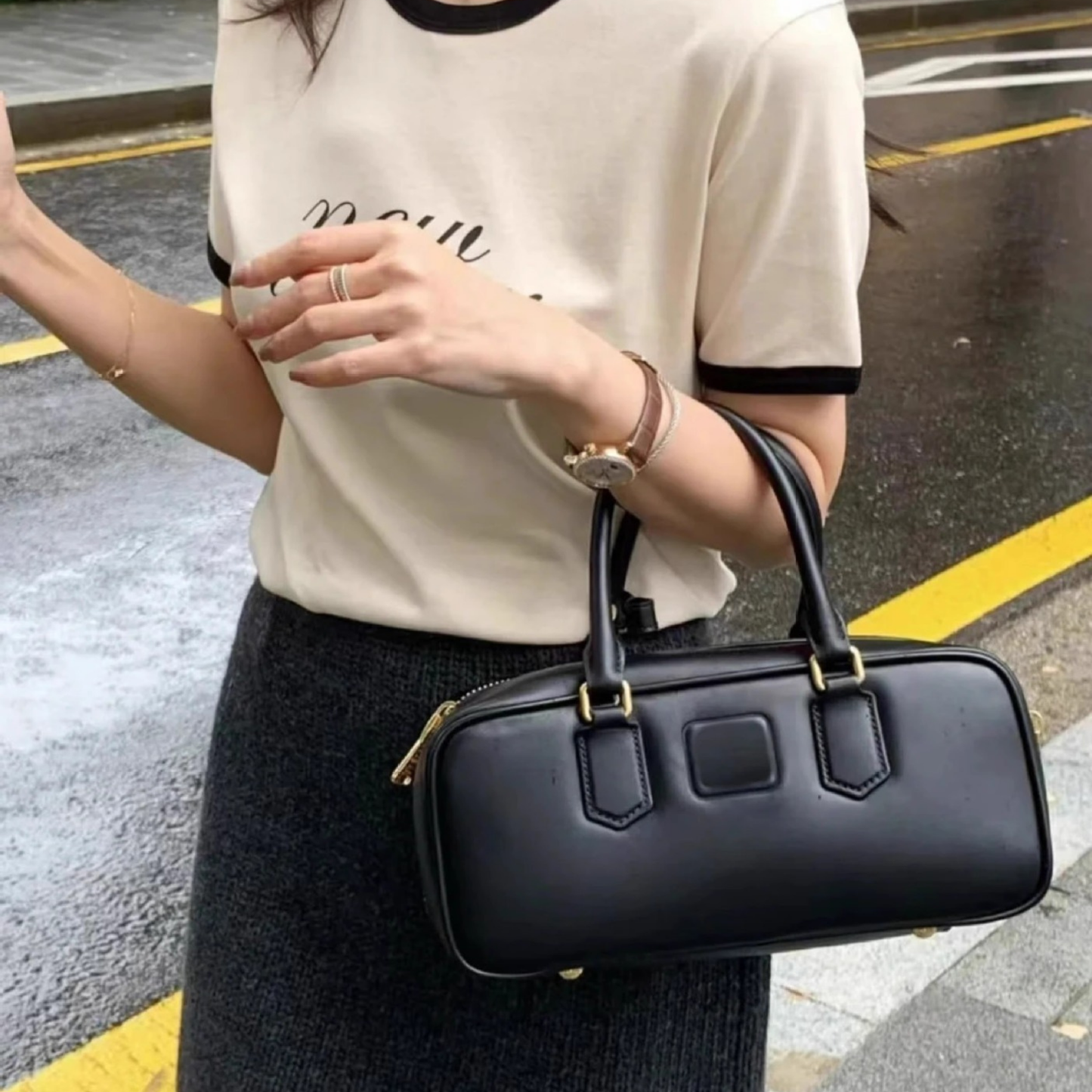Compact Boxy Leather Bowling Top‑Handle Bag