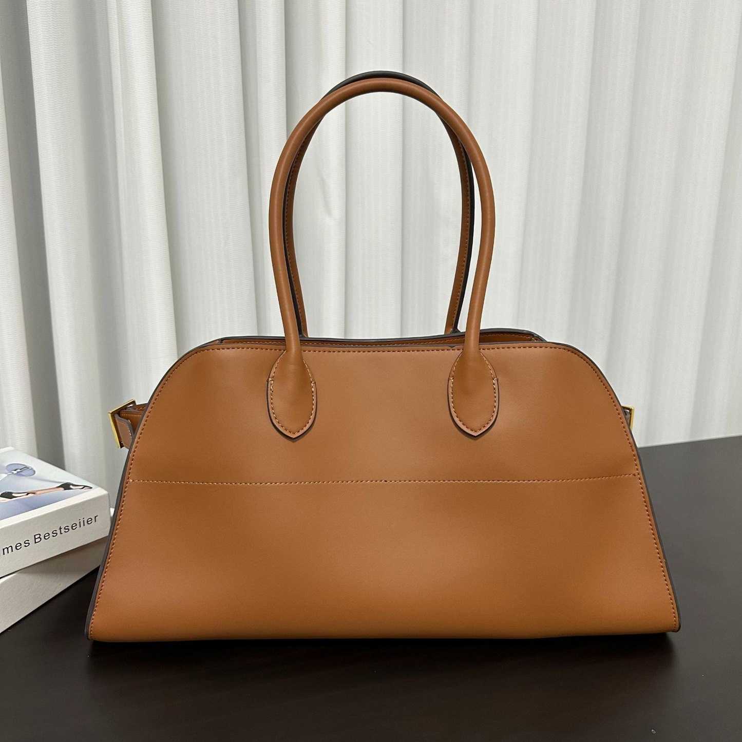 Wide-Base Structured Soft Leather Tote Bag
