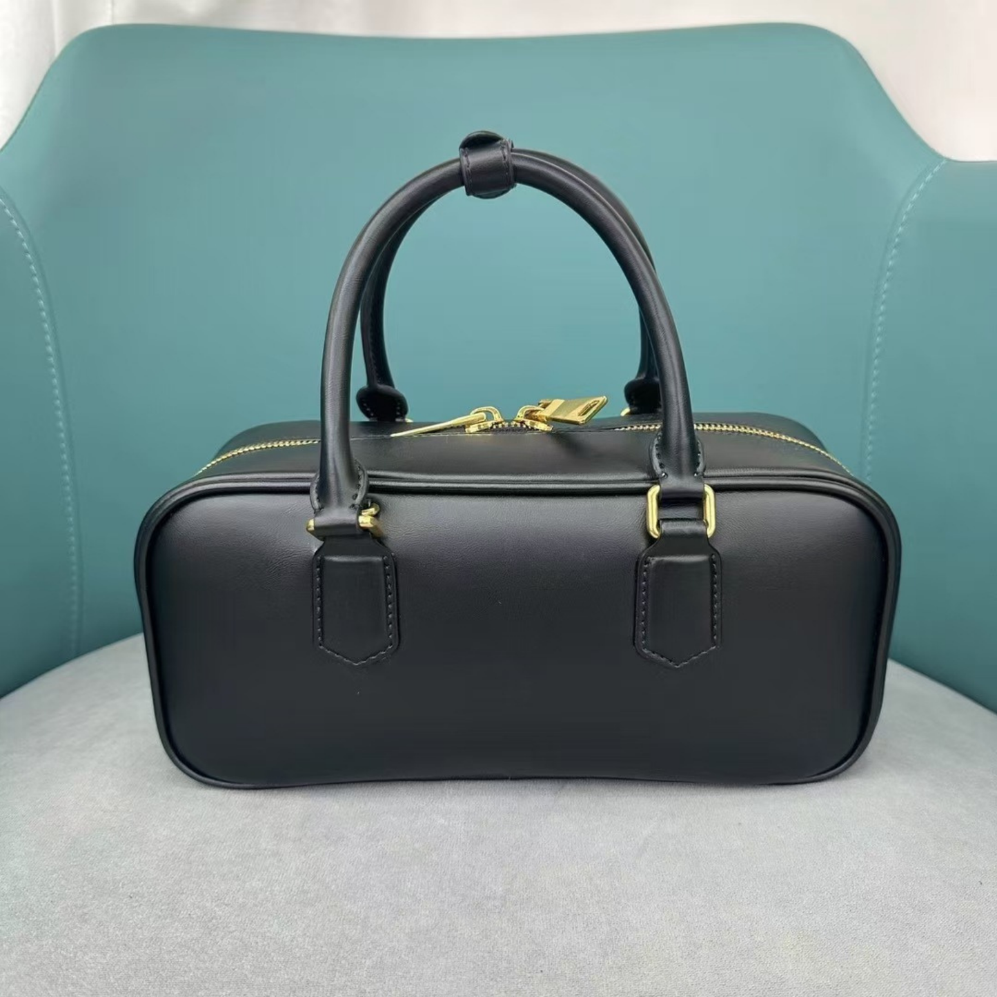 Compact Boxy Leather Bowling Top‑Handle Bag