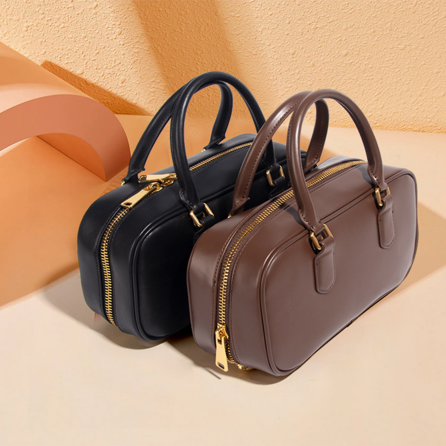 Compact Boxy Leather Bowling Top‑Handle Bag
