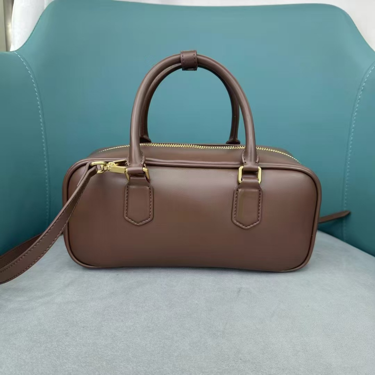 Compact Boxy Leather Bowling Top‑Handle Bag
