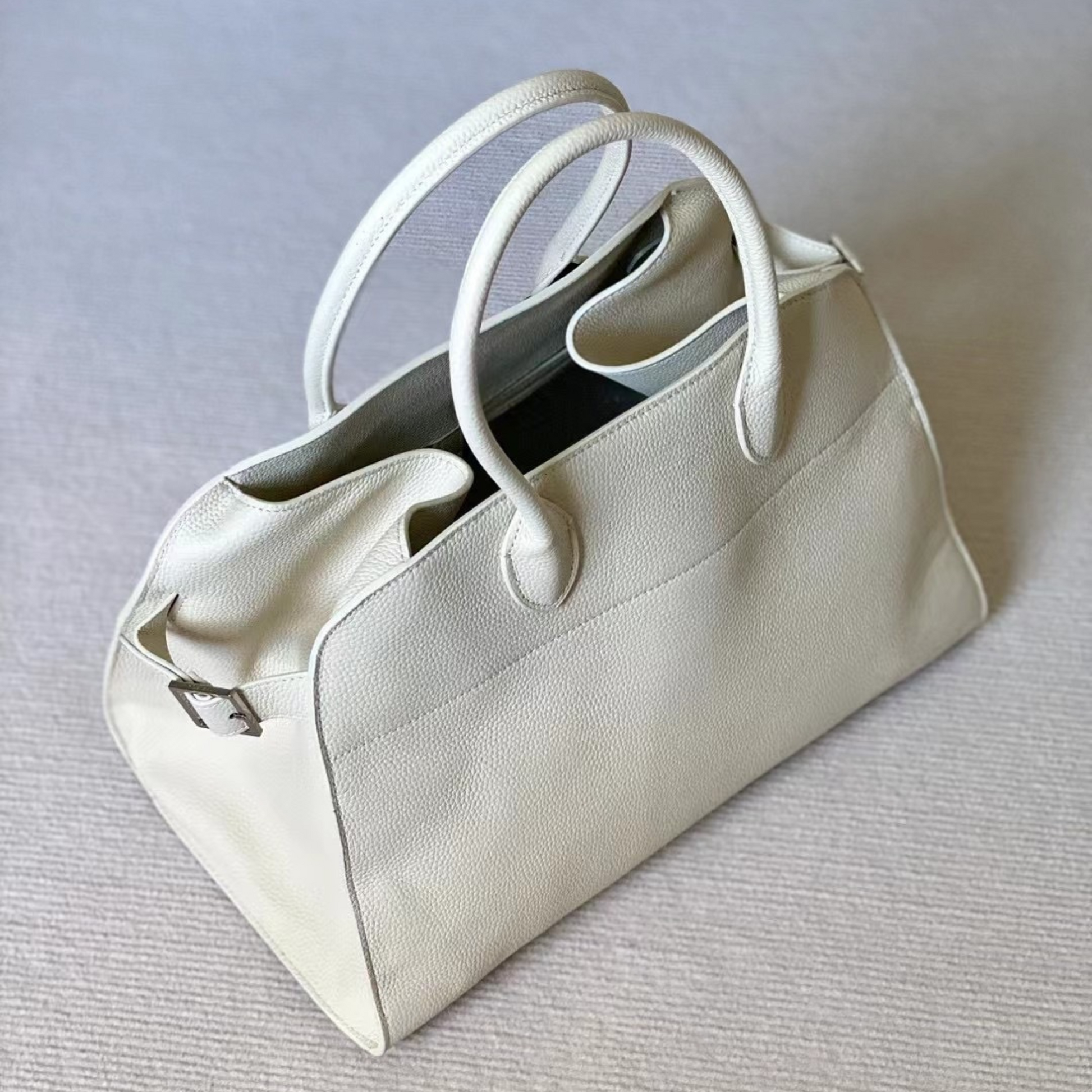 The "Row-Margaux-inspired" Luxurious Leather Tote Bag - Margaux 10 (10 x 7 x 7.5 in.) / Pebbled White Mliky - Trendiesty Worldwide