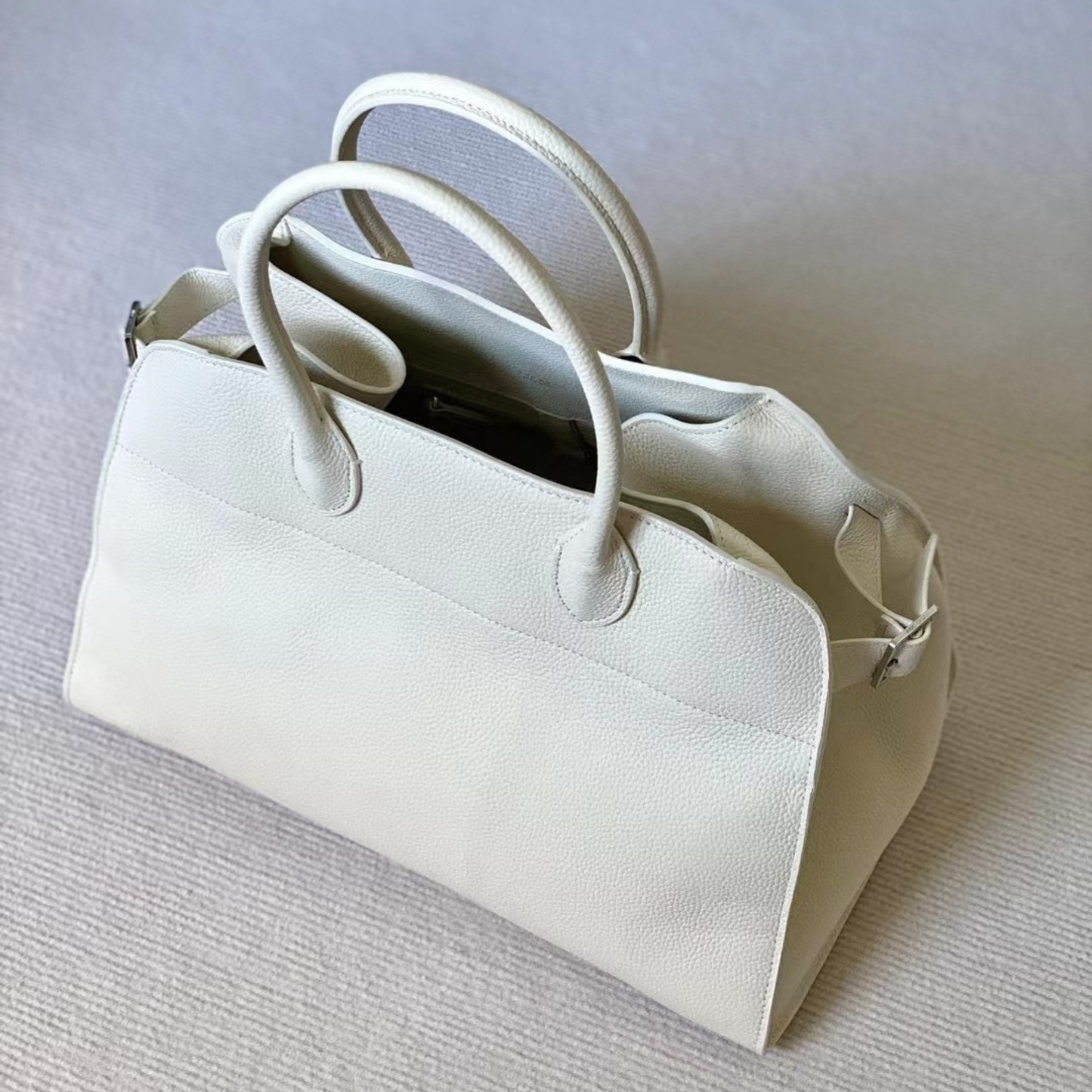 The "Row-Margaux-inspired" Luxurious Leather Tote Bag - Margaux 15 (15 x 11 x 8 in.) / Pebbled White Mliky - Trendiesty Worldwide