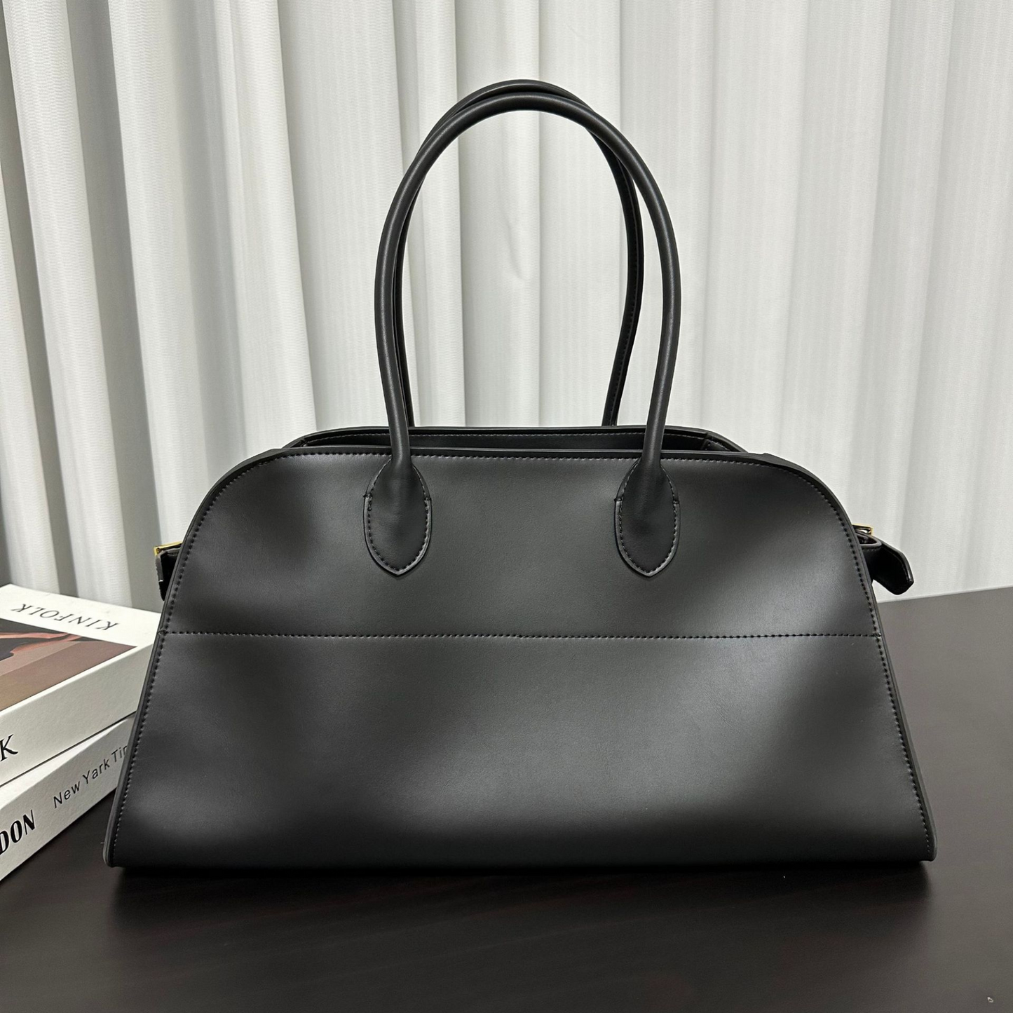 Wide-Base Structured Soft Leather Tote Bag
