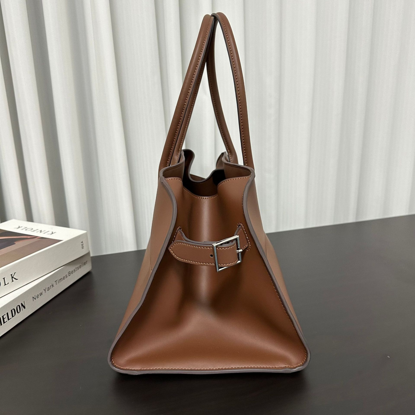 Wide-Base Structured Soft Leather Tote Bag