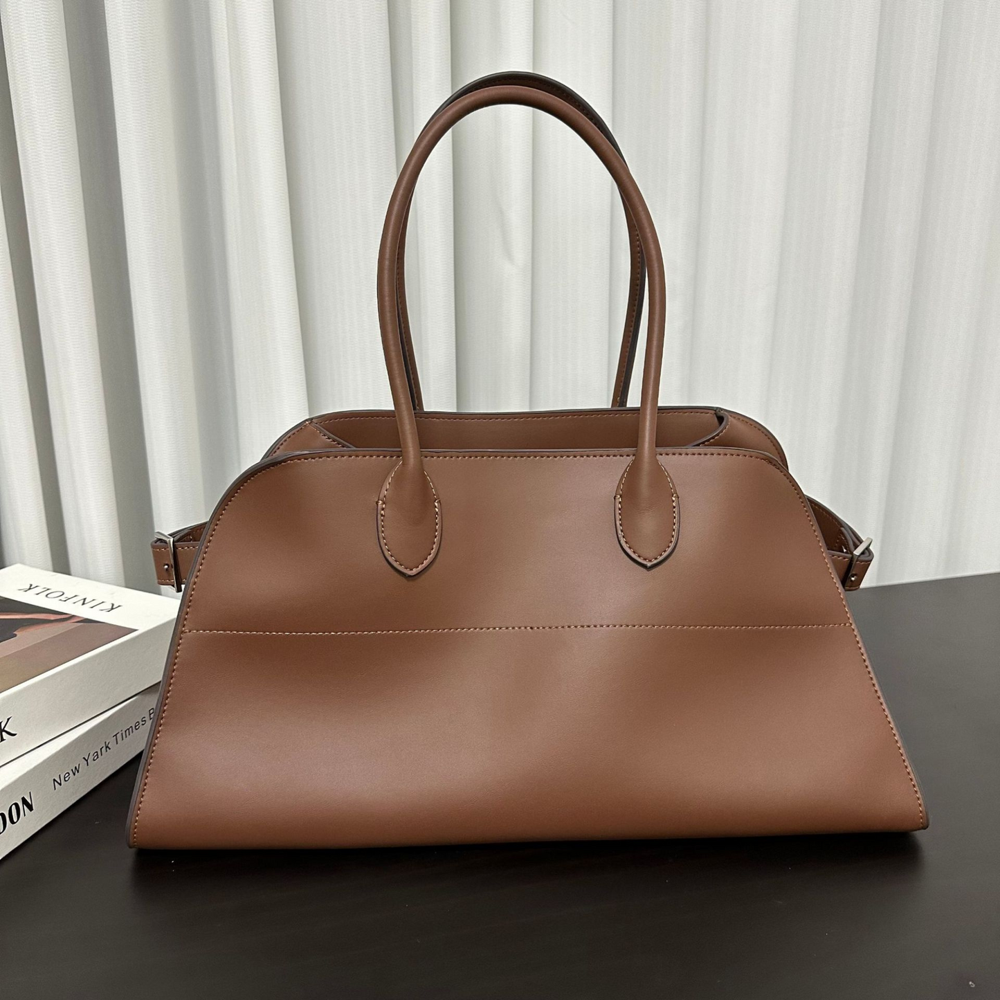 Wide-Base Structured Soft Leather Tote Bag