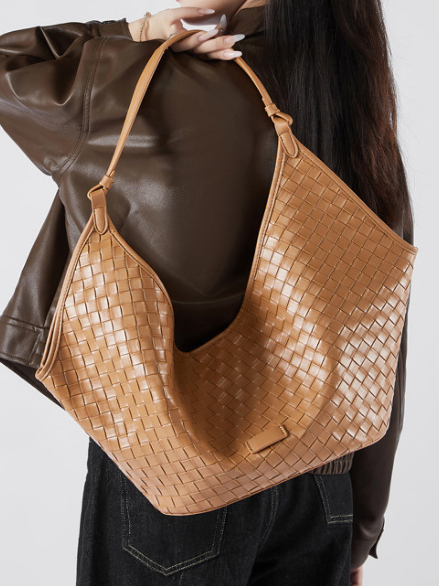 Woven Leather Hobo Shoulder Tote