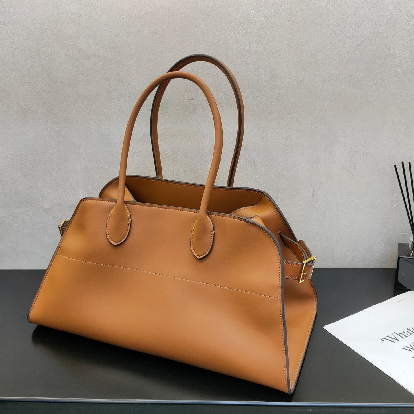 Wide-Base Structured Soft Leather Tote Bag