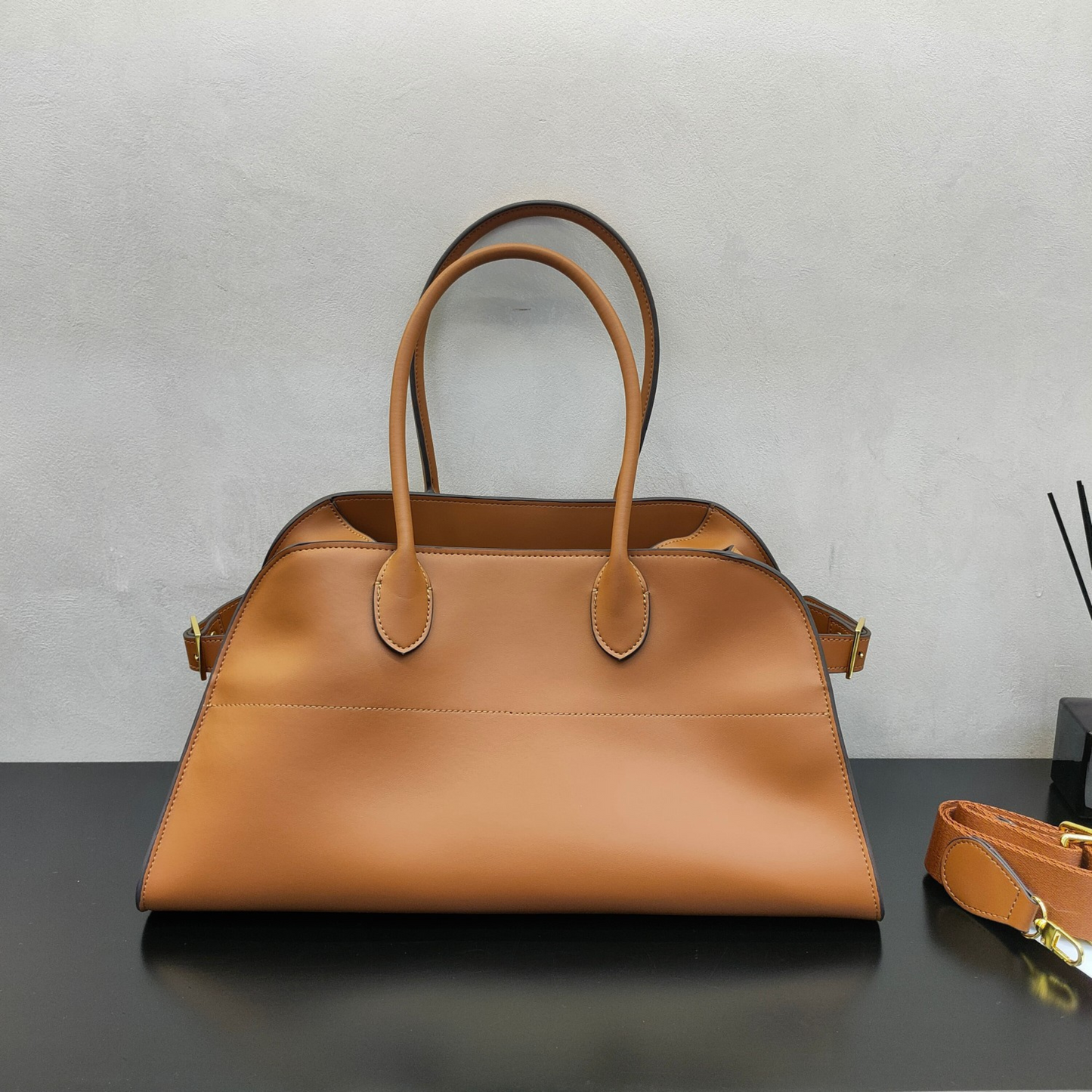 Wide-Base Structured Soft Leather Tote Bag