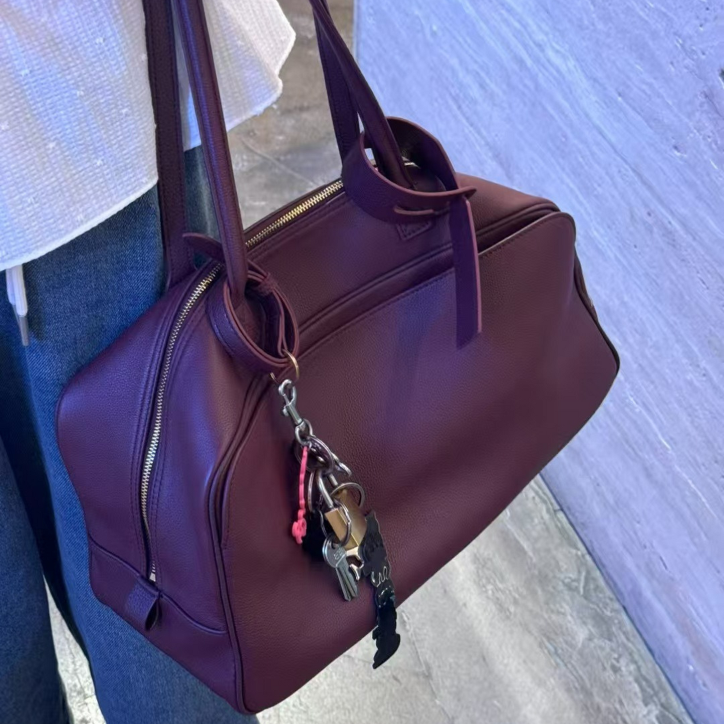 Top-Layer Leather Bowling Shoulder Bag