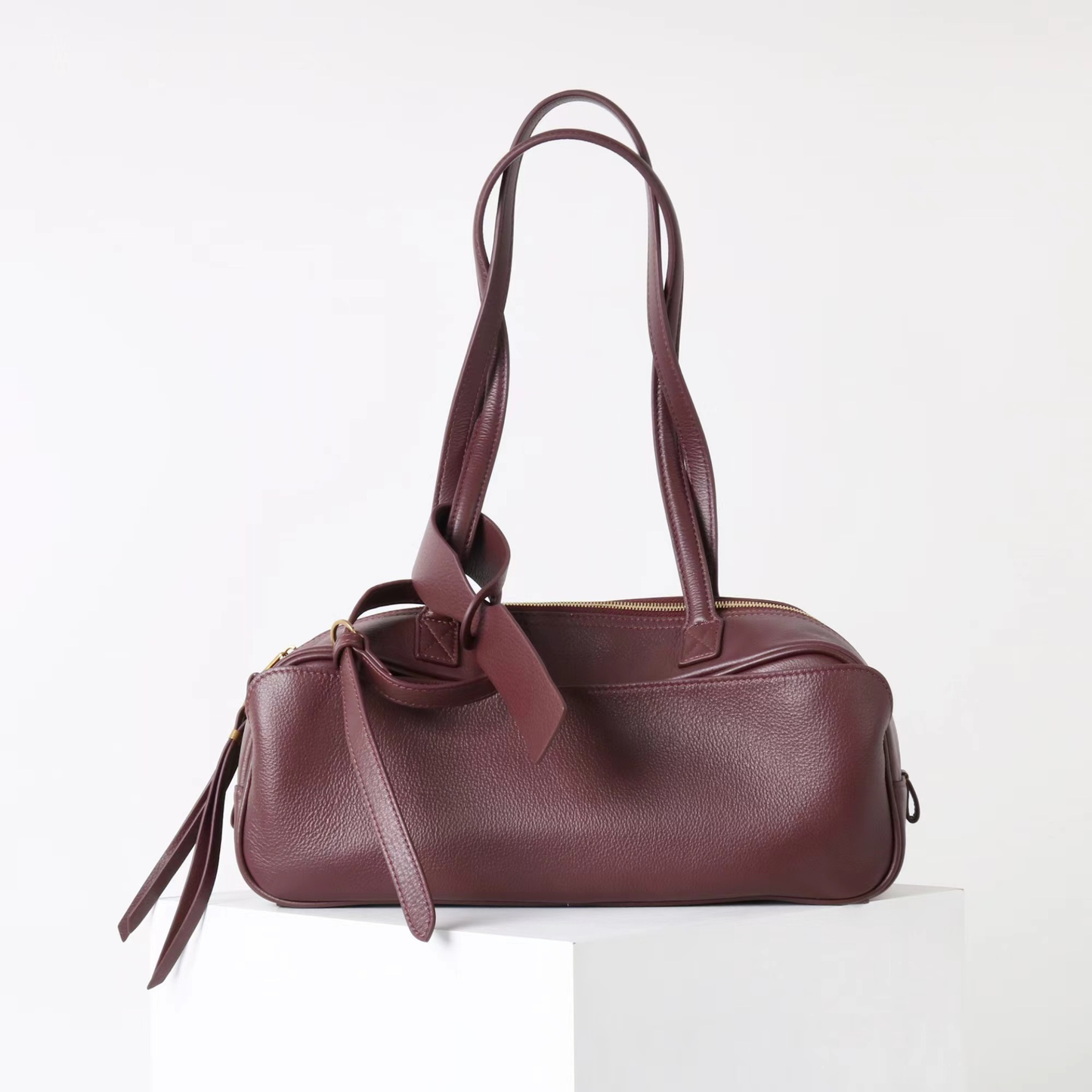 Top-Layer Leather Bowling Shoulder Bag