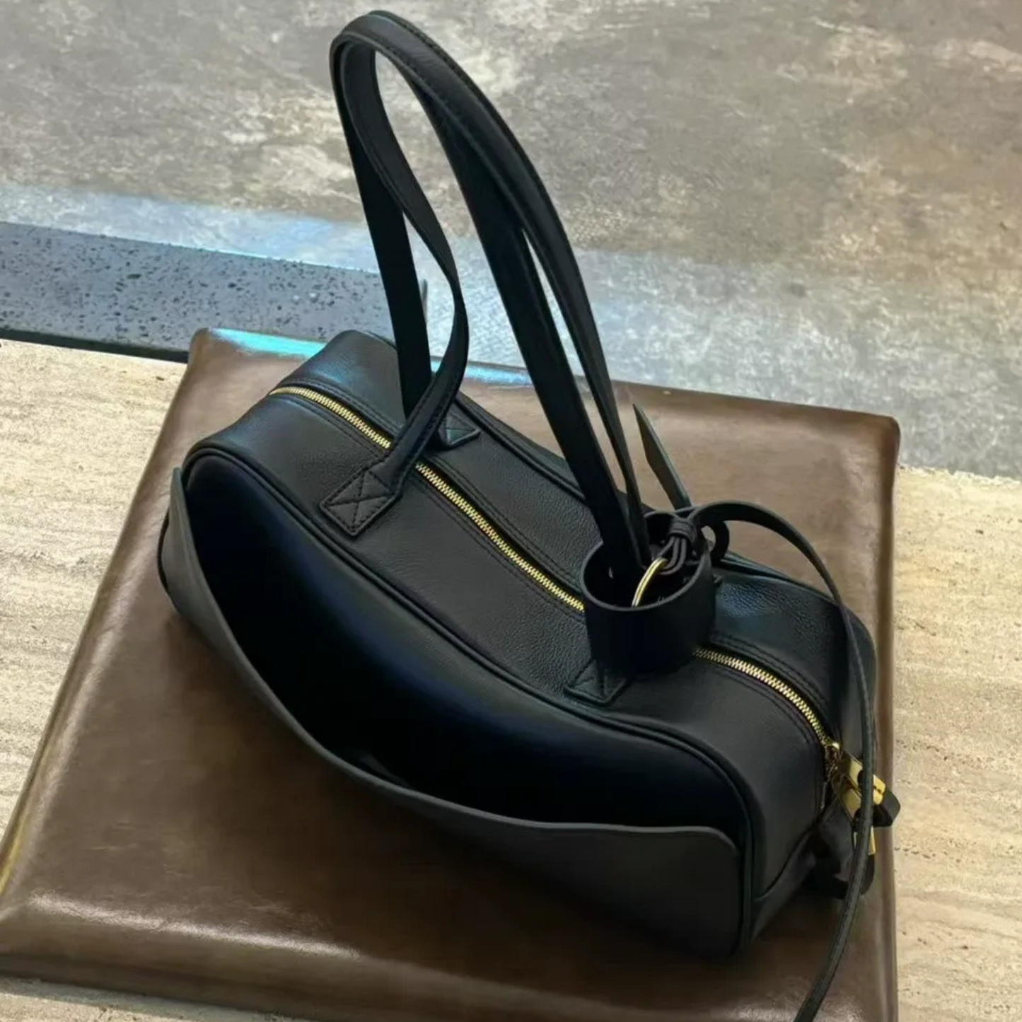 Top-Layer Leather Bowling Shoulder Bag