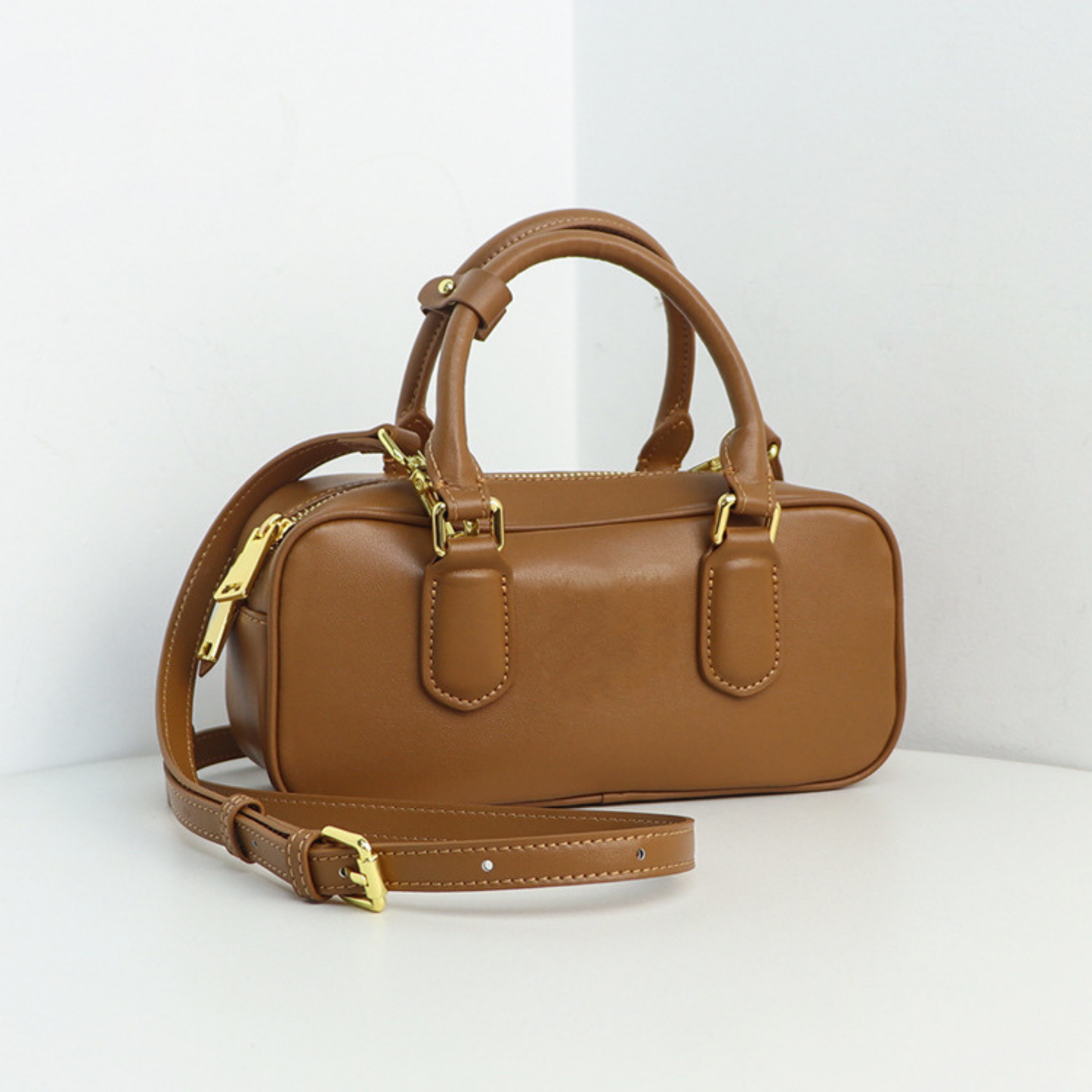 Compact Boxy Leather Bowling Top‑Handle Bag