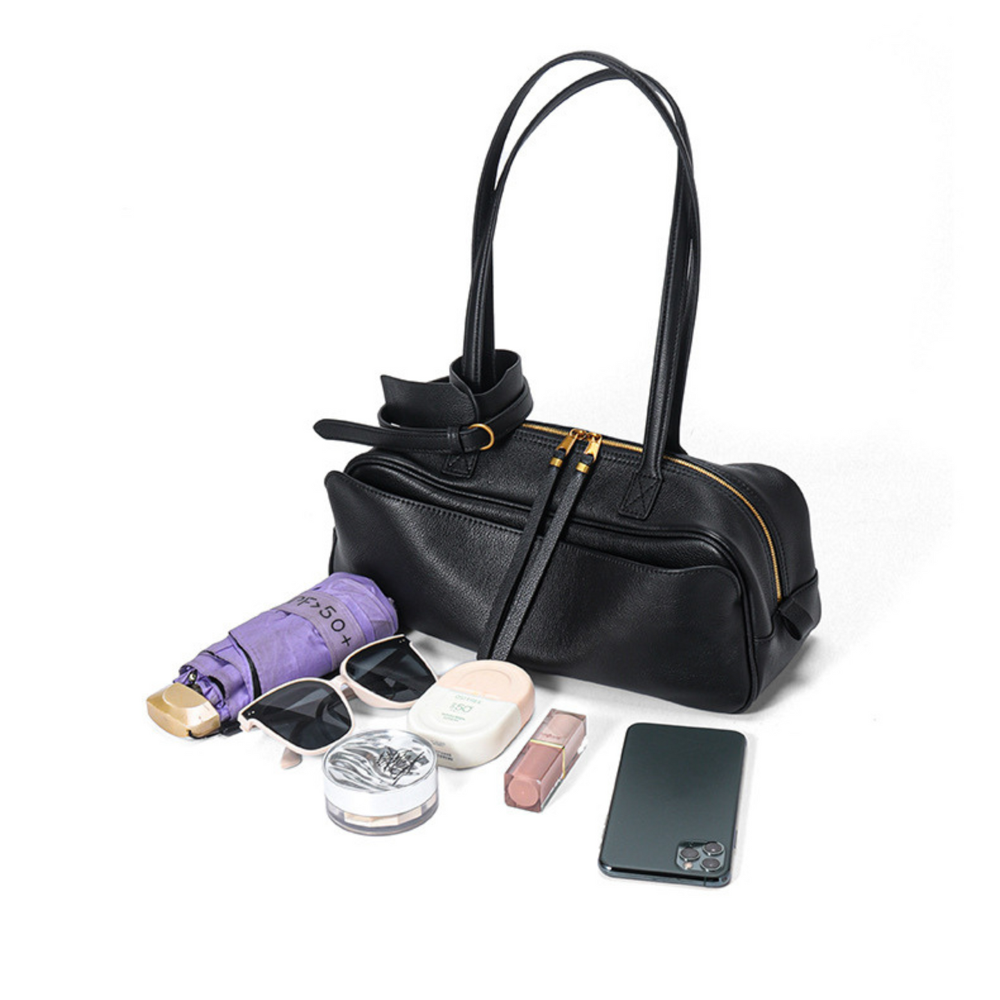 Top-Layer Leather Bowling Shoulder Bag