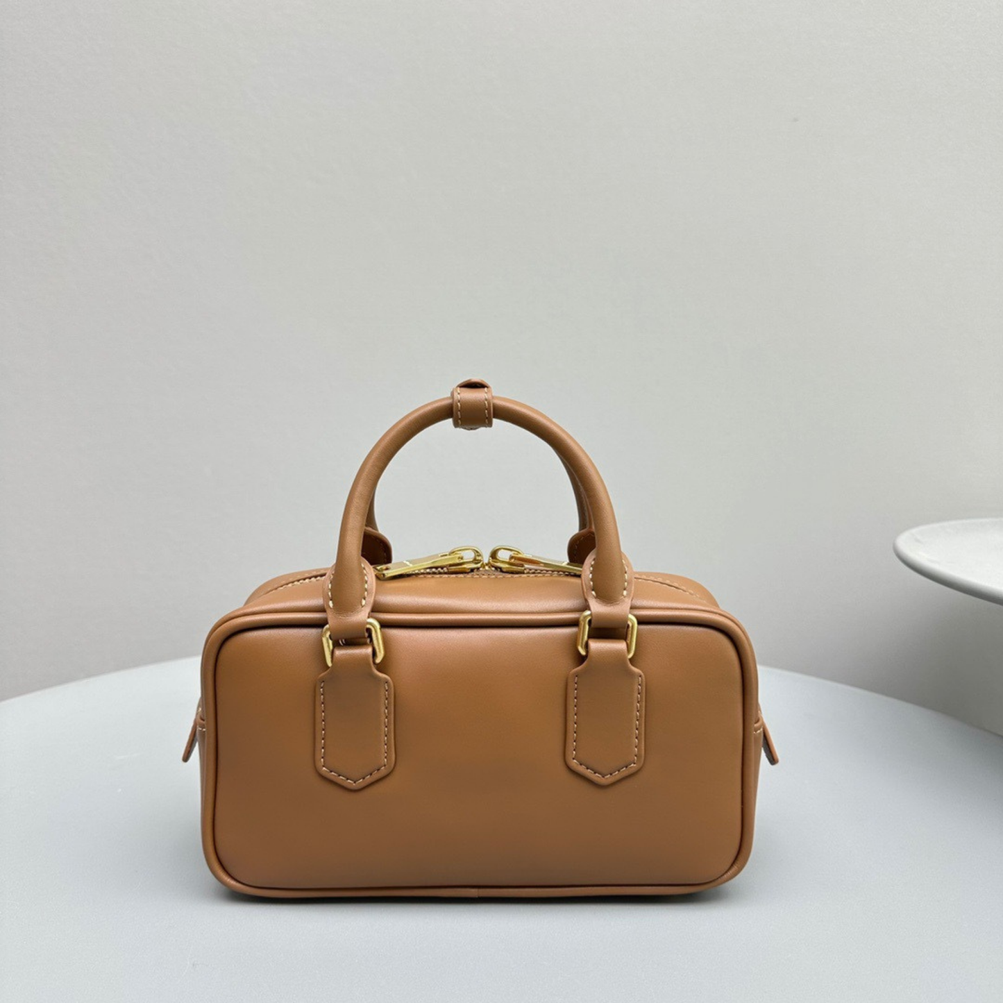Compact Boxy Leather Bowling Top‑Handle Bag