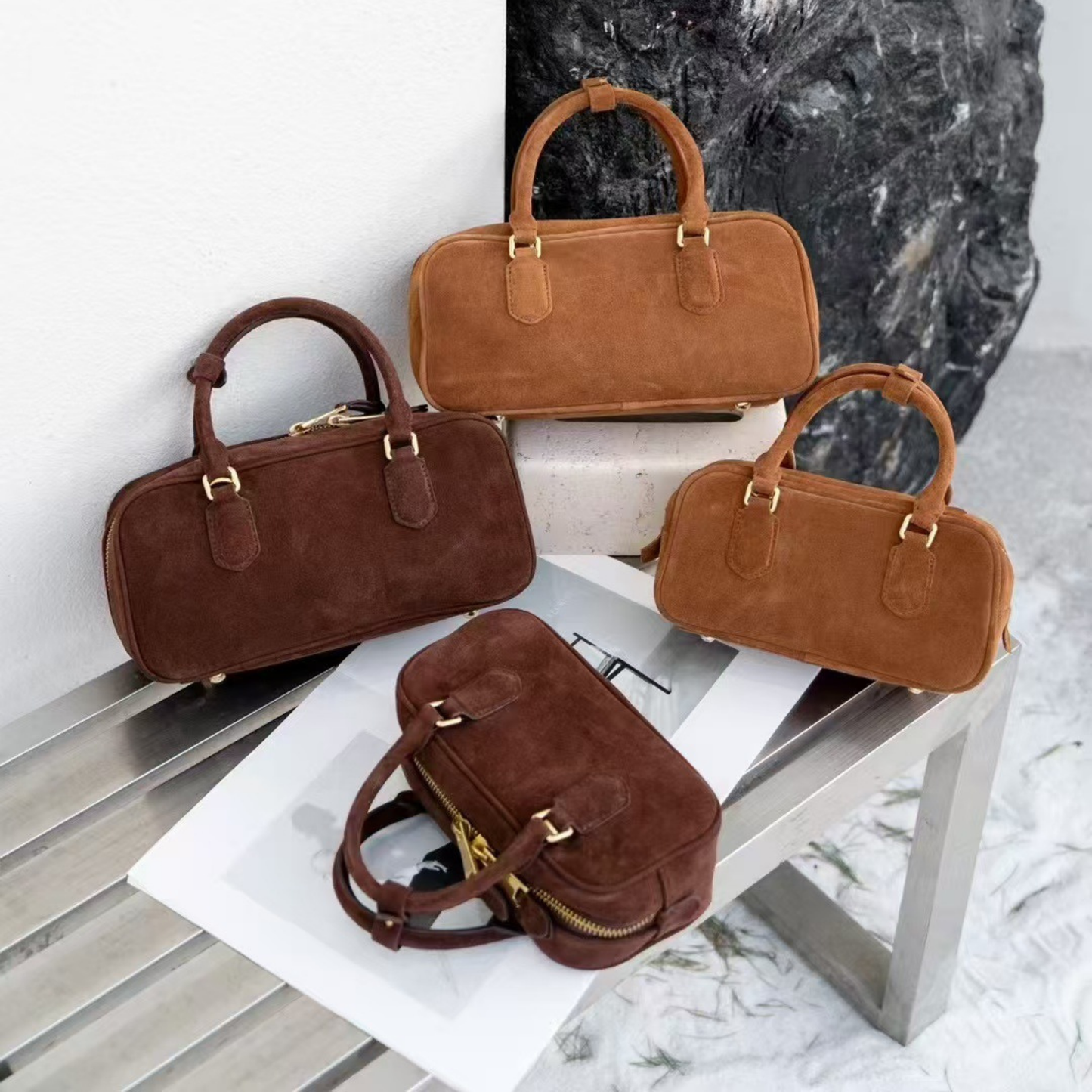 Compact Boxy Leather Bowling Top‑Handle Bag