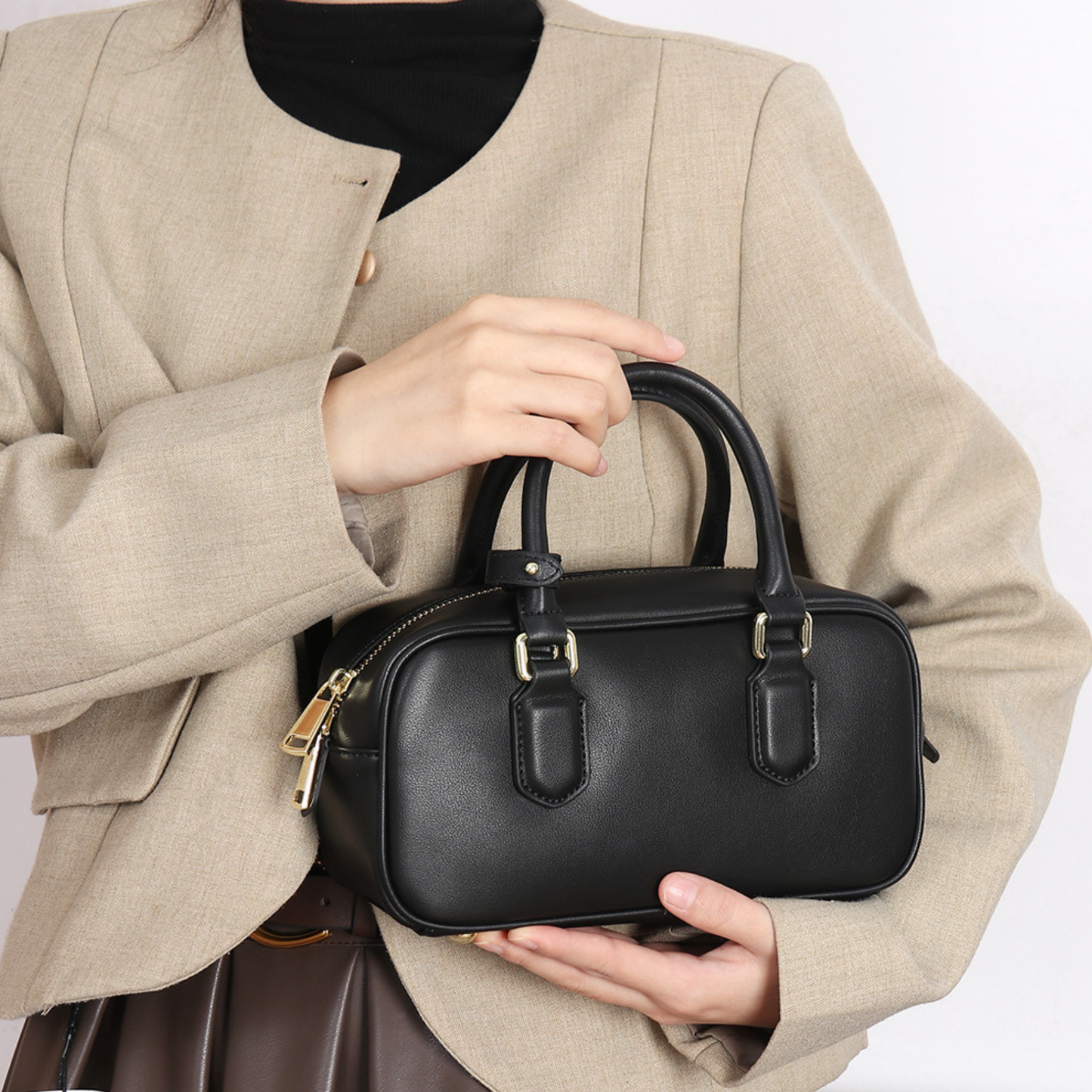 Compact Boxy Leather Bowling Top‑Handle Bag