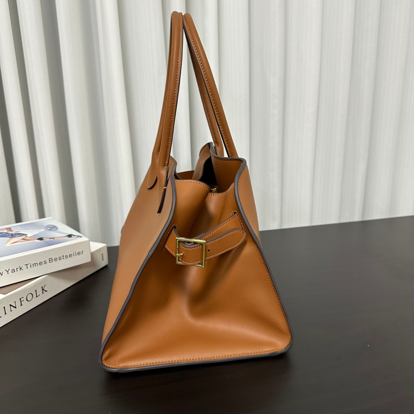 Wide-Base Structured Soft Leather Tote Bag