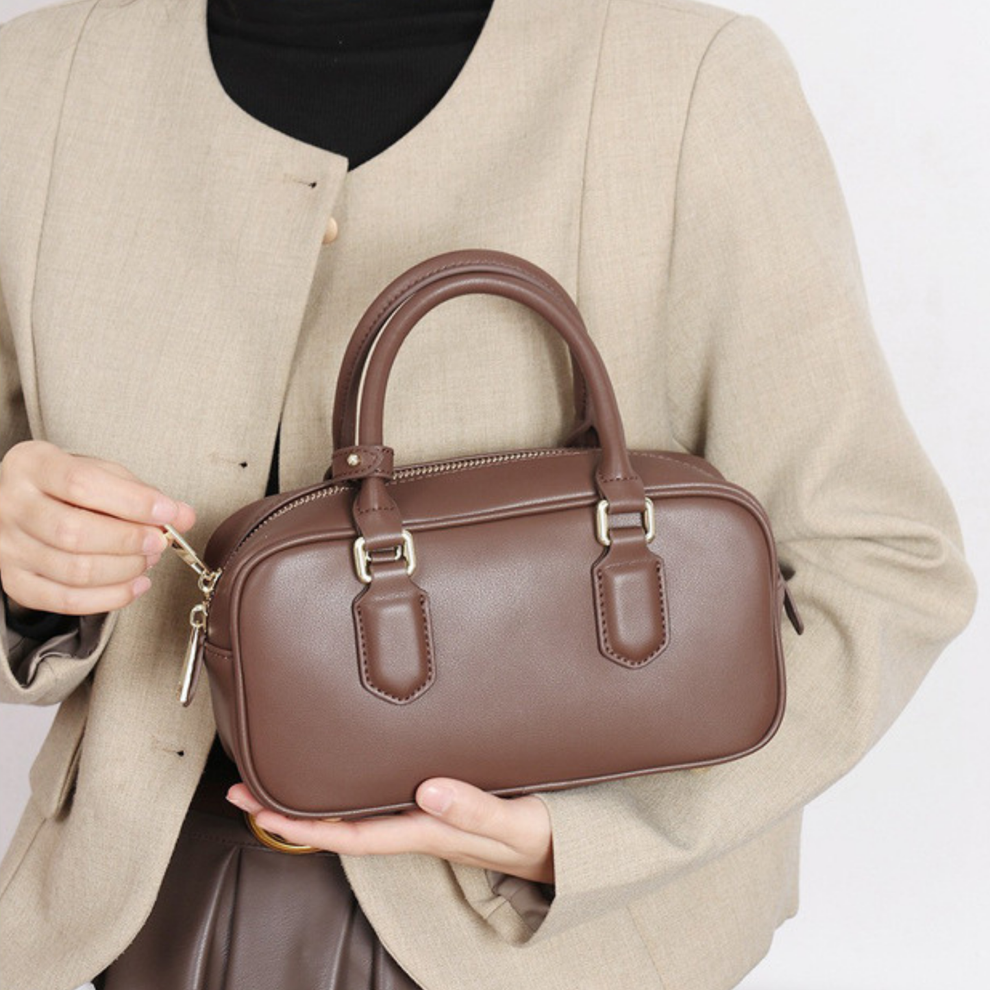 Compact Boxy Leather Bowling Top‑Handle Bag