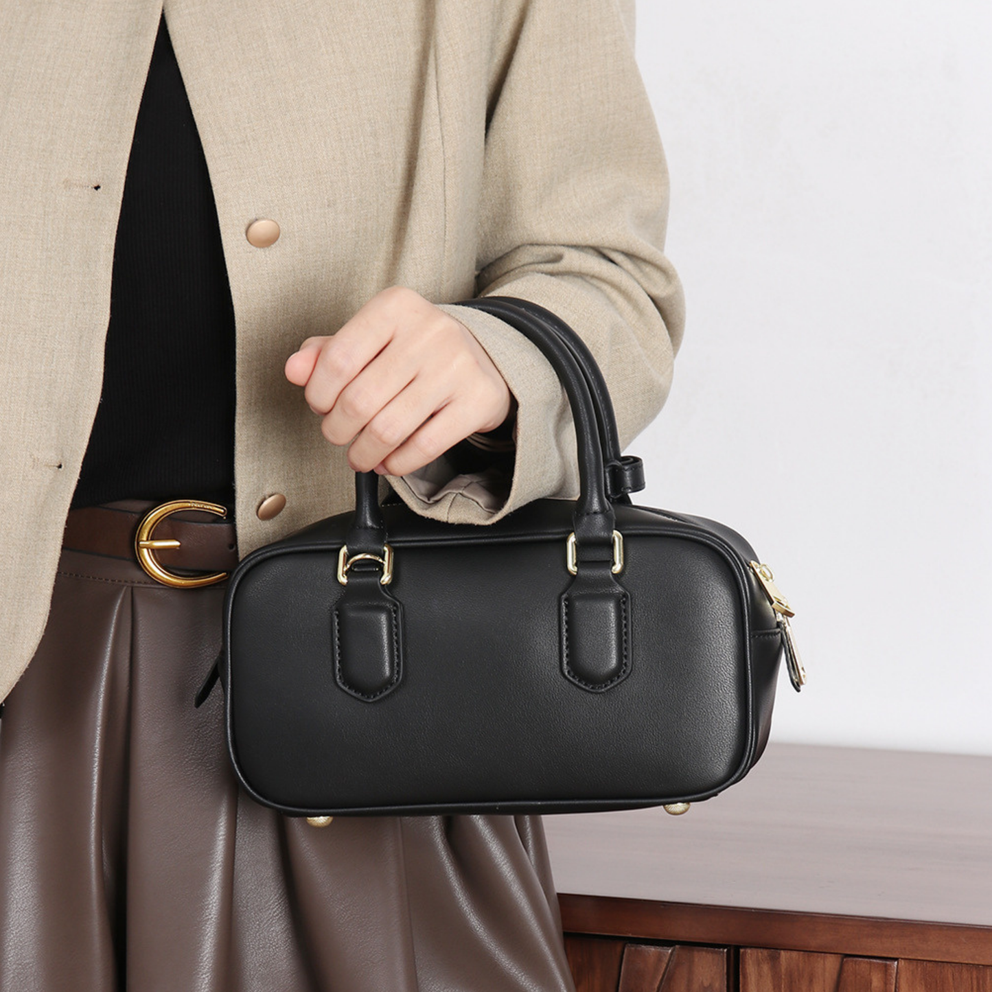 Compact Boxy Leather Bowling Top‑Handle Bag