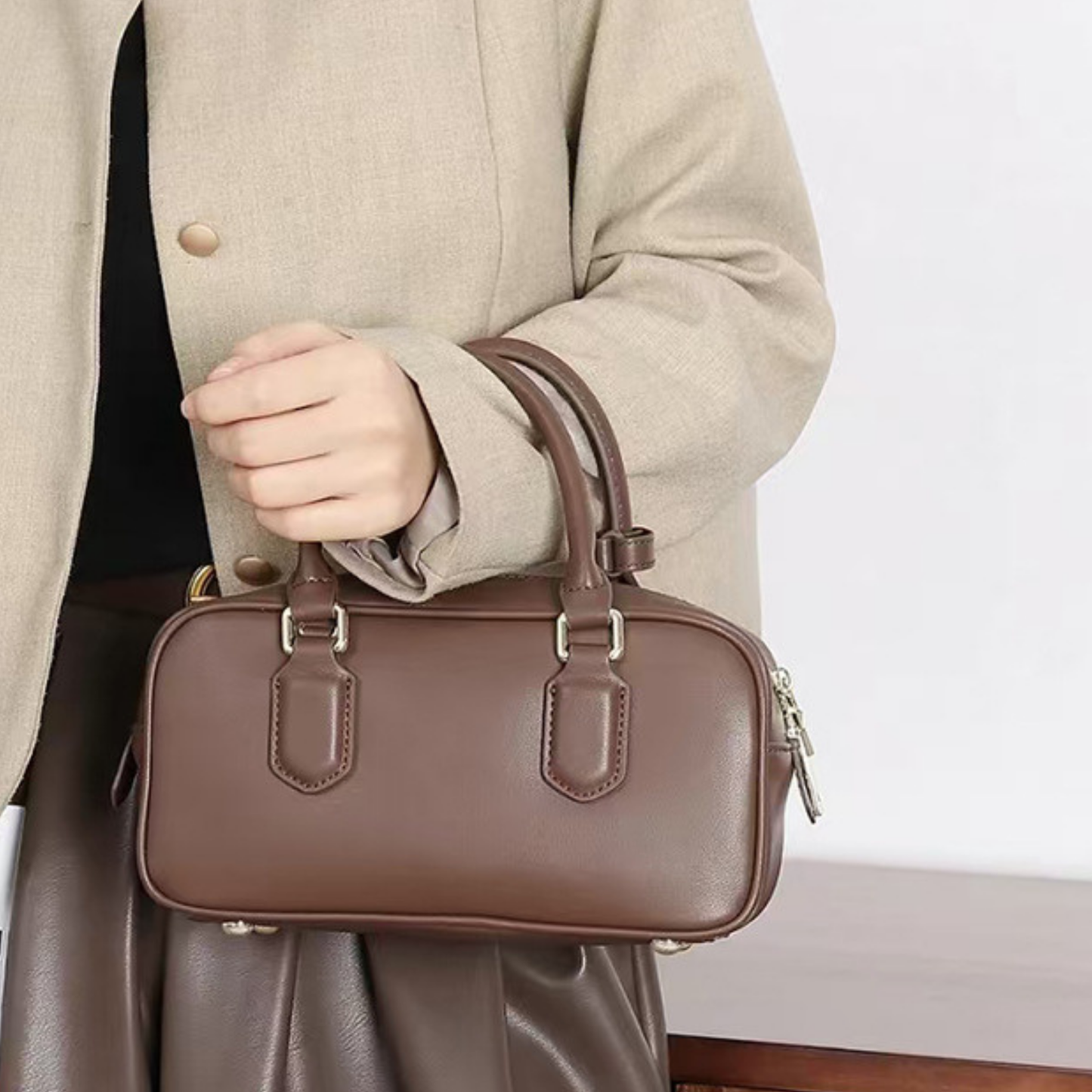 Compact Boxy Leather Bowling Top‑Handle Bag