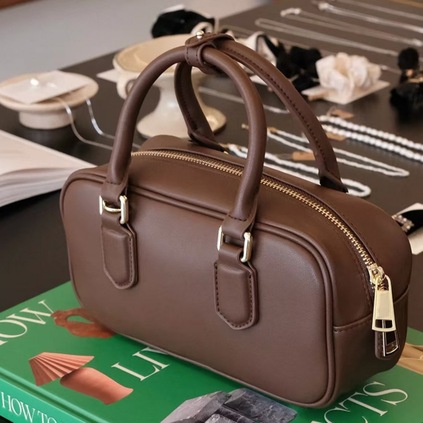 Compact Boxy Leather Bowling Top‑Handle Bag