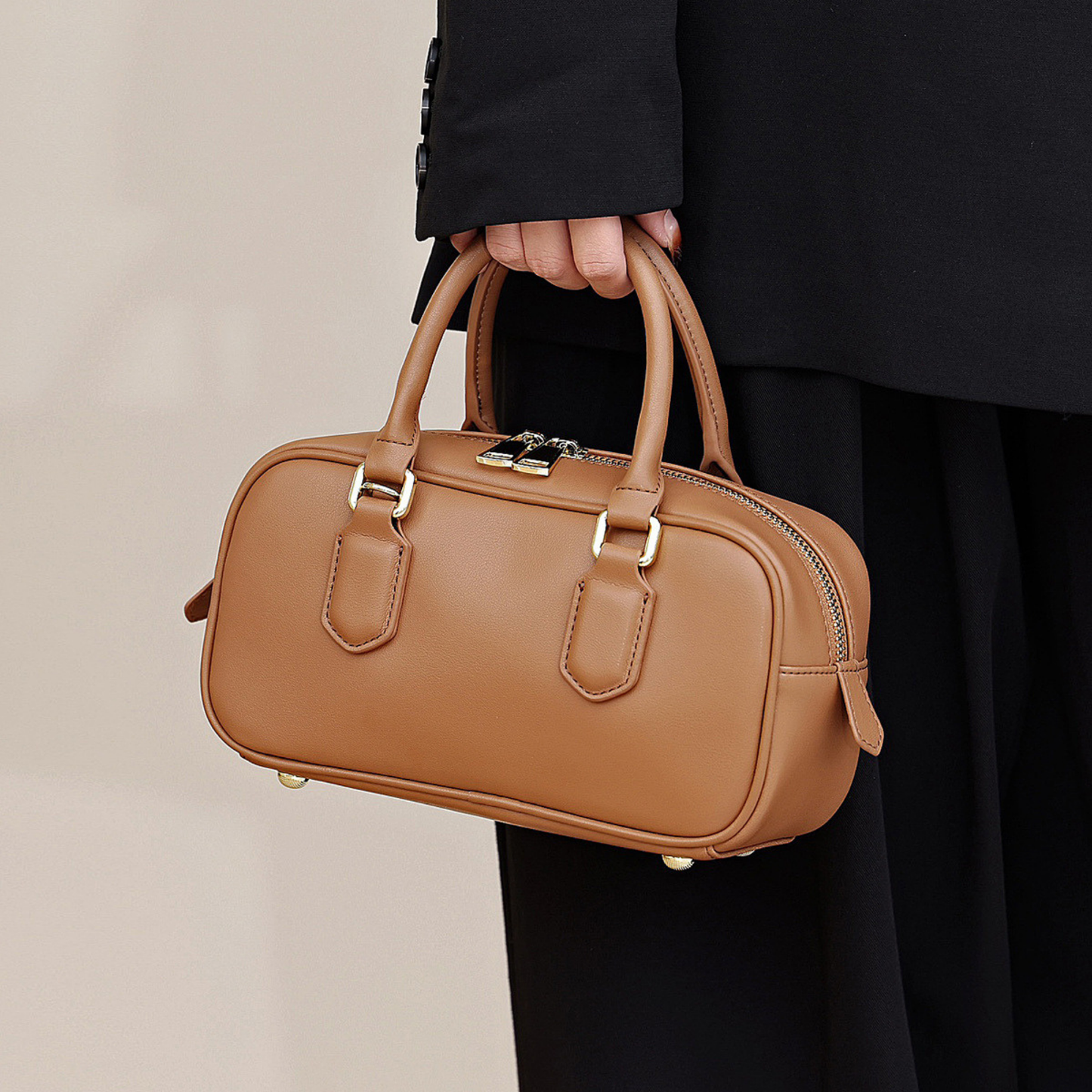 Compact Boxy Leather Bowling Top‑Handle Bag