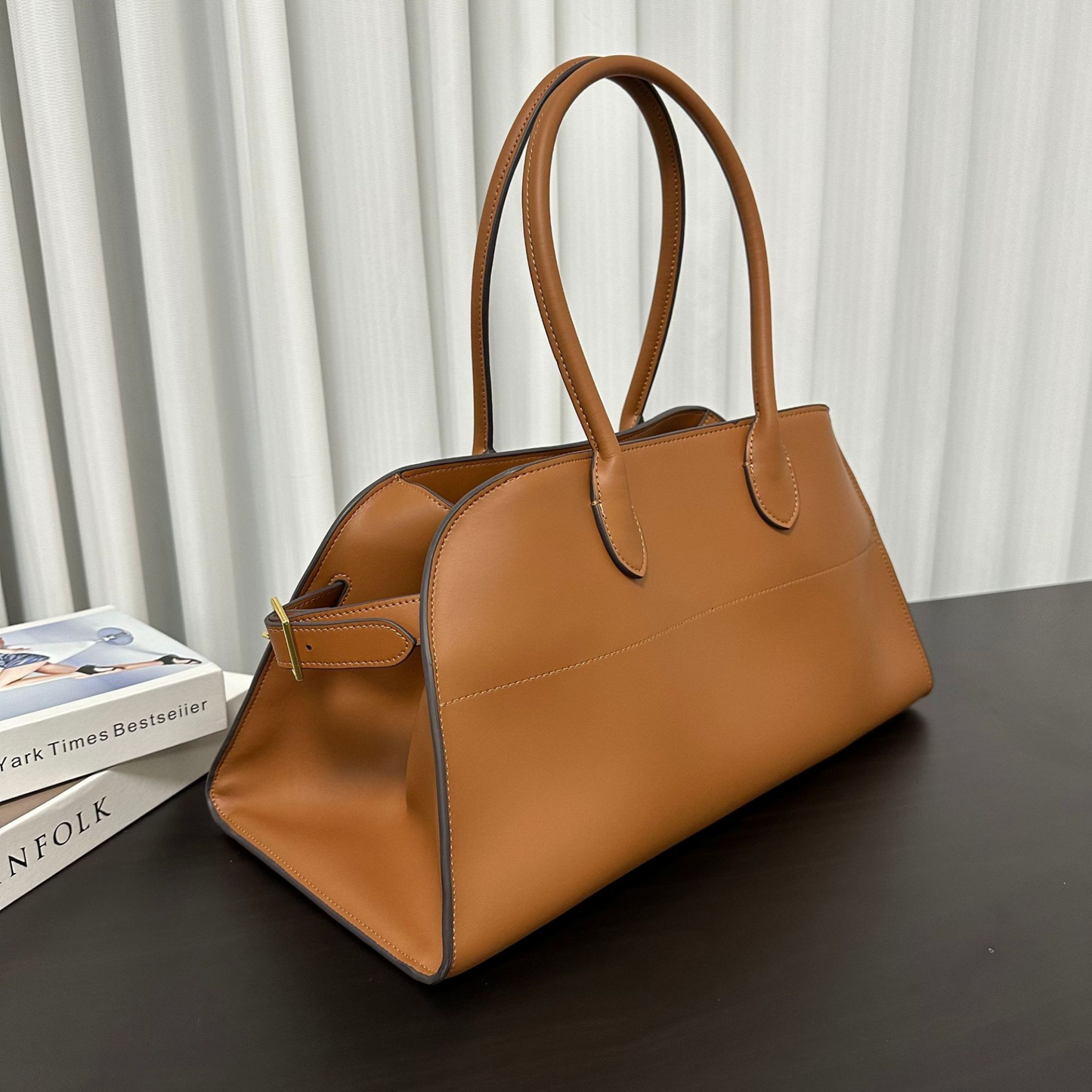 Wide-Base Structured Soft Leather Tote Bag