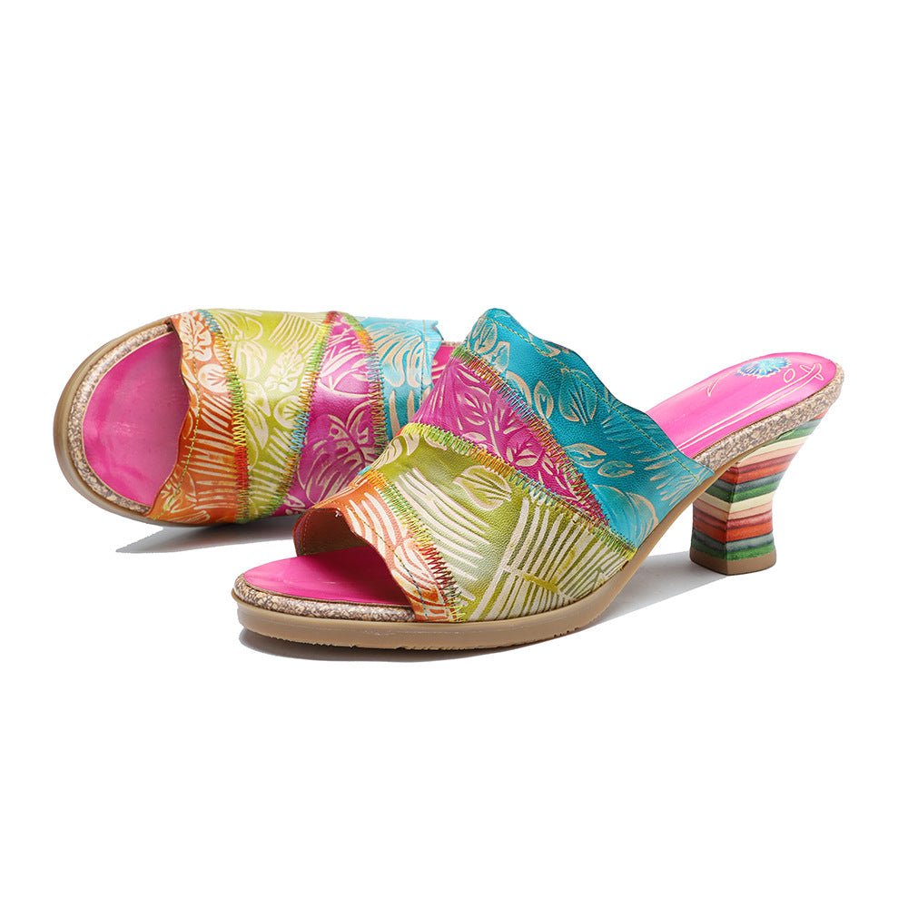 "Leafy" Retro Hand-Painted Leather Sandals - Trendiesty Worldwide