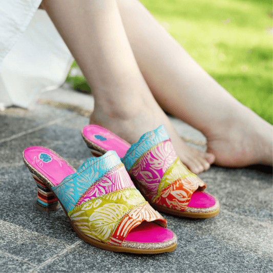 "Leafy" Retro Hand-Painted Leather Sandals - Trendiesty Worldwide