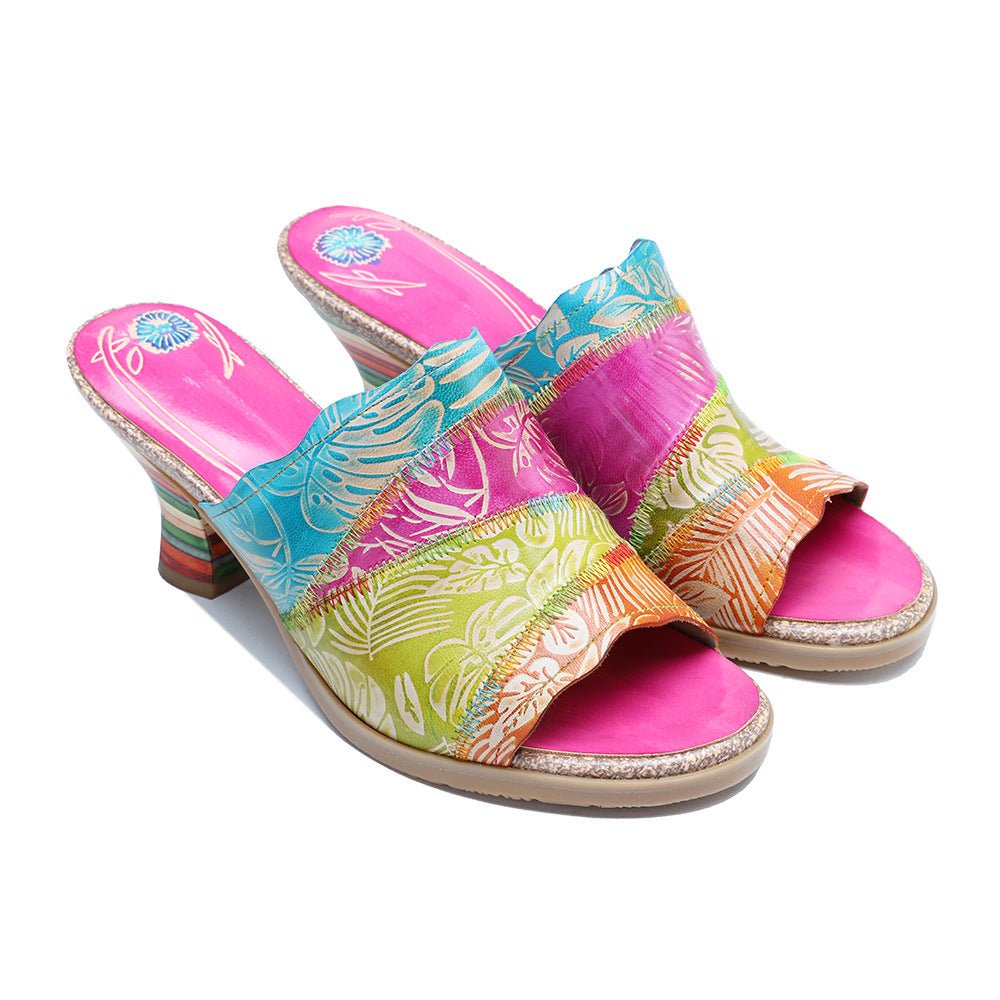 "Leafy" Retro Hand-Painted Leather Sandals - Trendiesty Worldwide