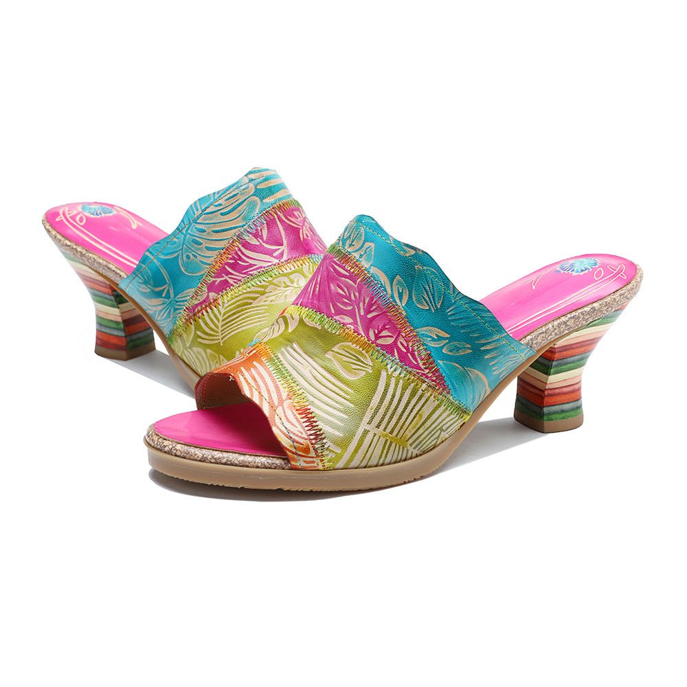 "Leafy" Retro Hand-Painted Leather Sandals - Trendiesty Worldwide
