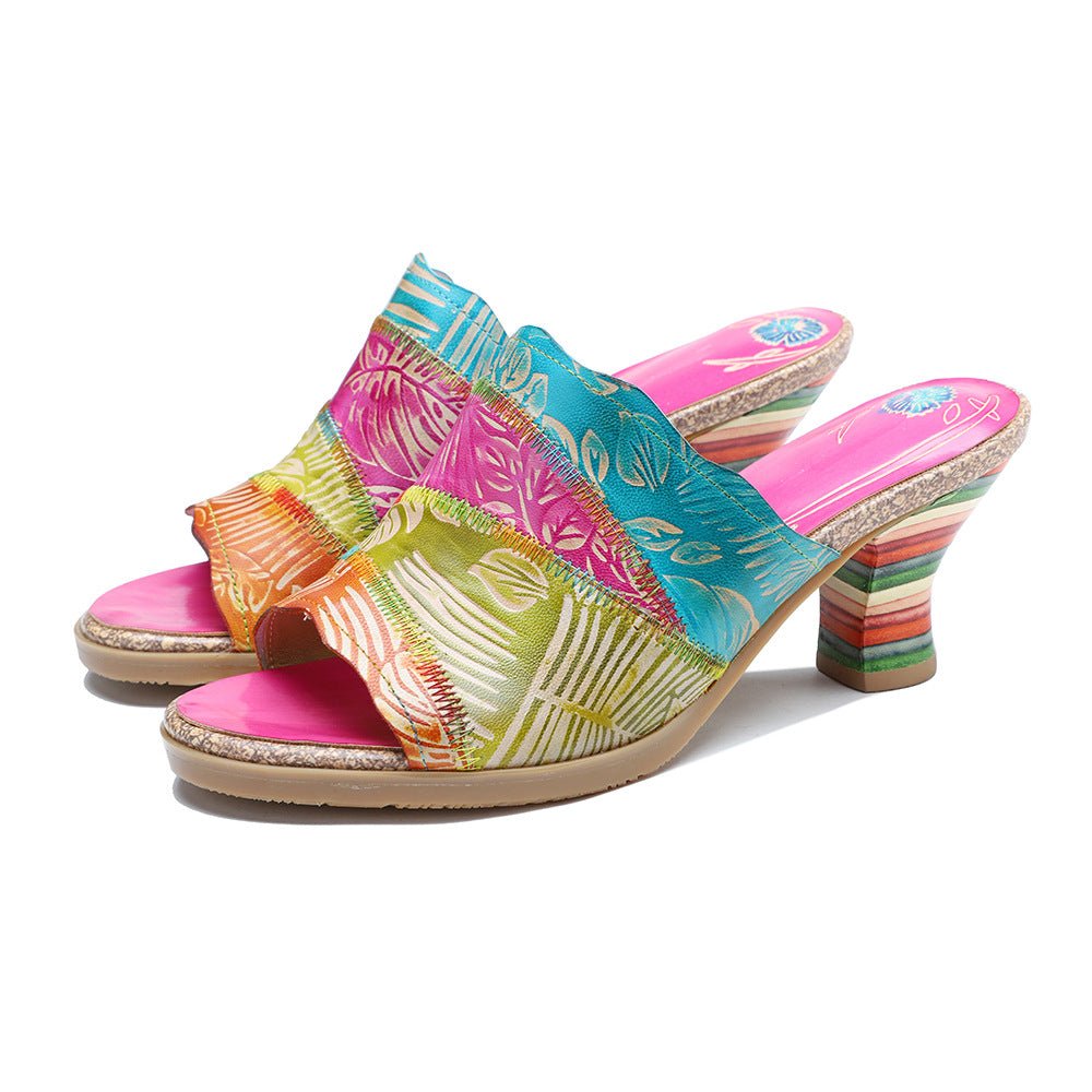 "Leafy" Retro Hand-Painted Leather Sandals - Trendiesty Worldwide