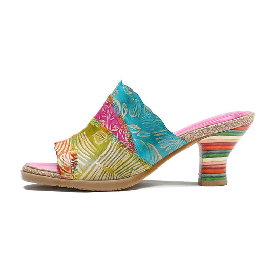 "Leafy" Retro Hand-Painted Leather Sandals - Trendiesty Worldwide