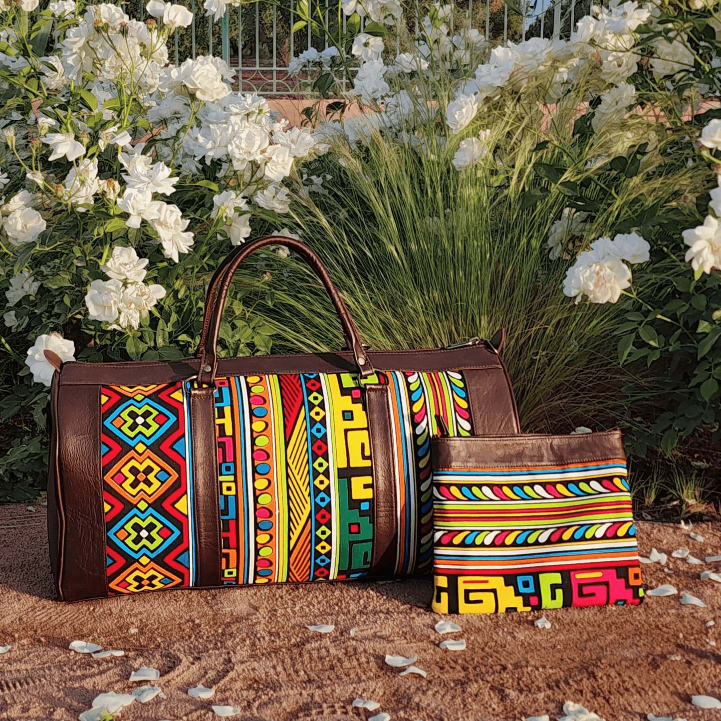 "Rainbow" Leather Duffle Bag With Matched Clutch - Trendiesty Worldwide