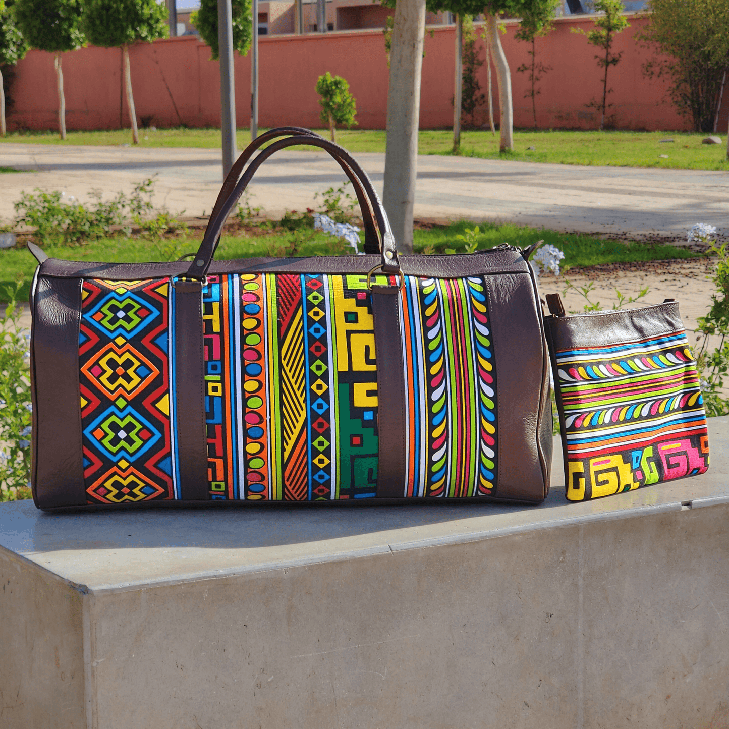 "Rainbow" Leather Duffle Bag With Matched Clutch - Trendiesty Worldwide