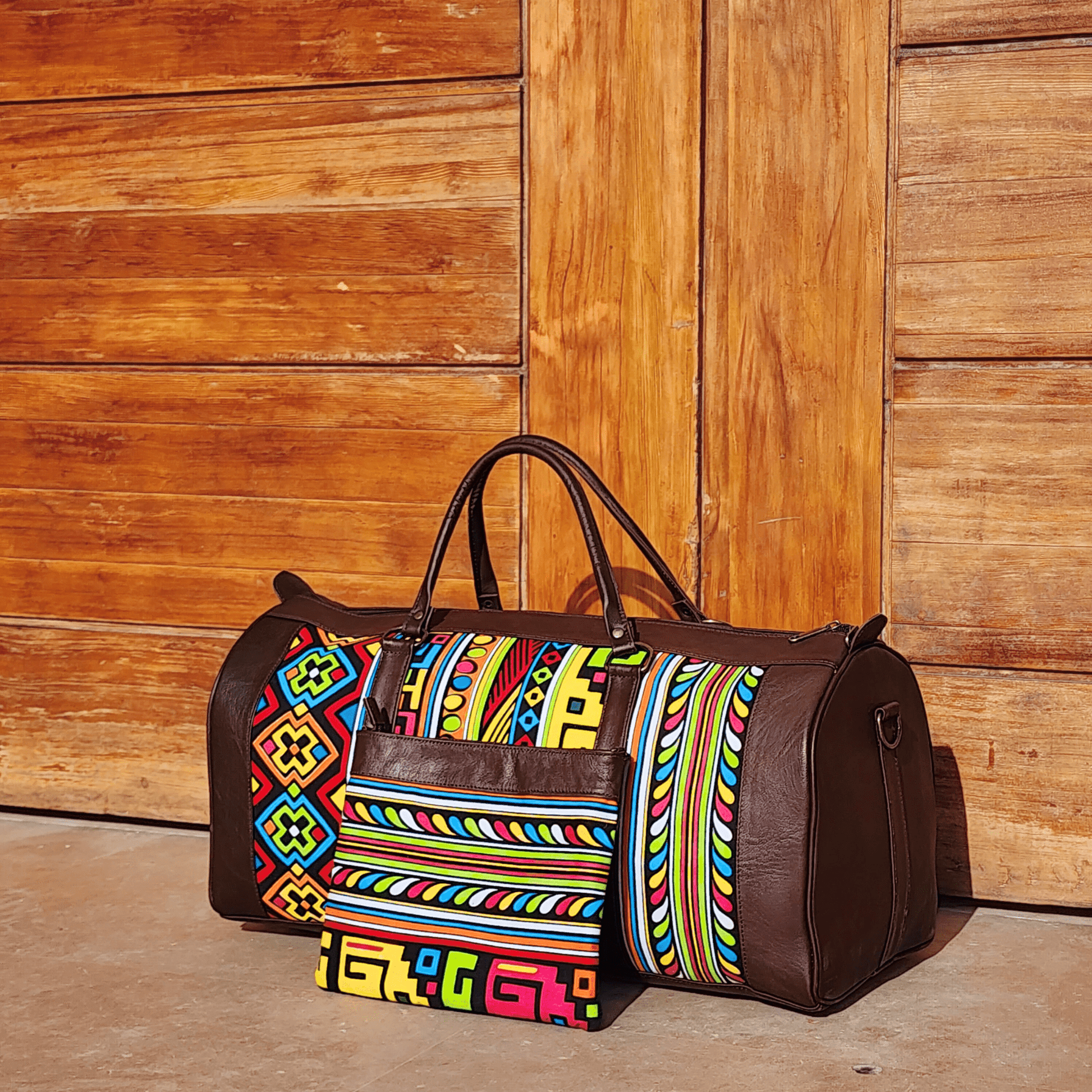 "Rainbow" Leather Duffle Bag With Matched Clutch - Trendiesty Worldwide