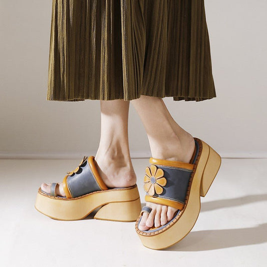 Vintage-inspired Leather Wedges Sandals For Her - Trendiesty Worldwide