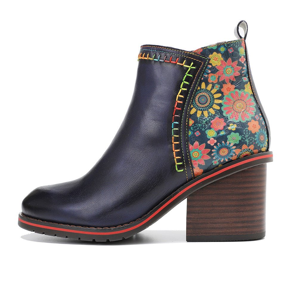 Women's Handmade Stitching Leather Chunky Heel Booties - Trendiesty Worldwide