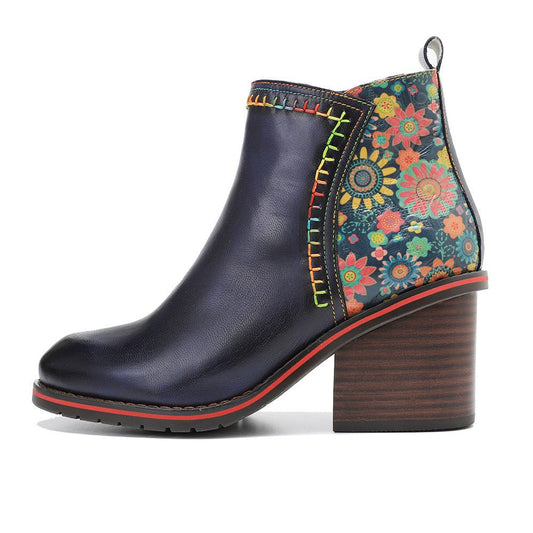 Women's Handmade Stitching Leather Chunky Heel Booties - Trendiesty Worldwide