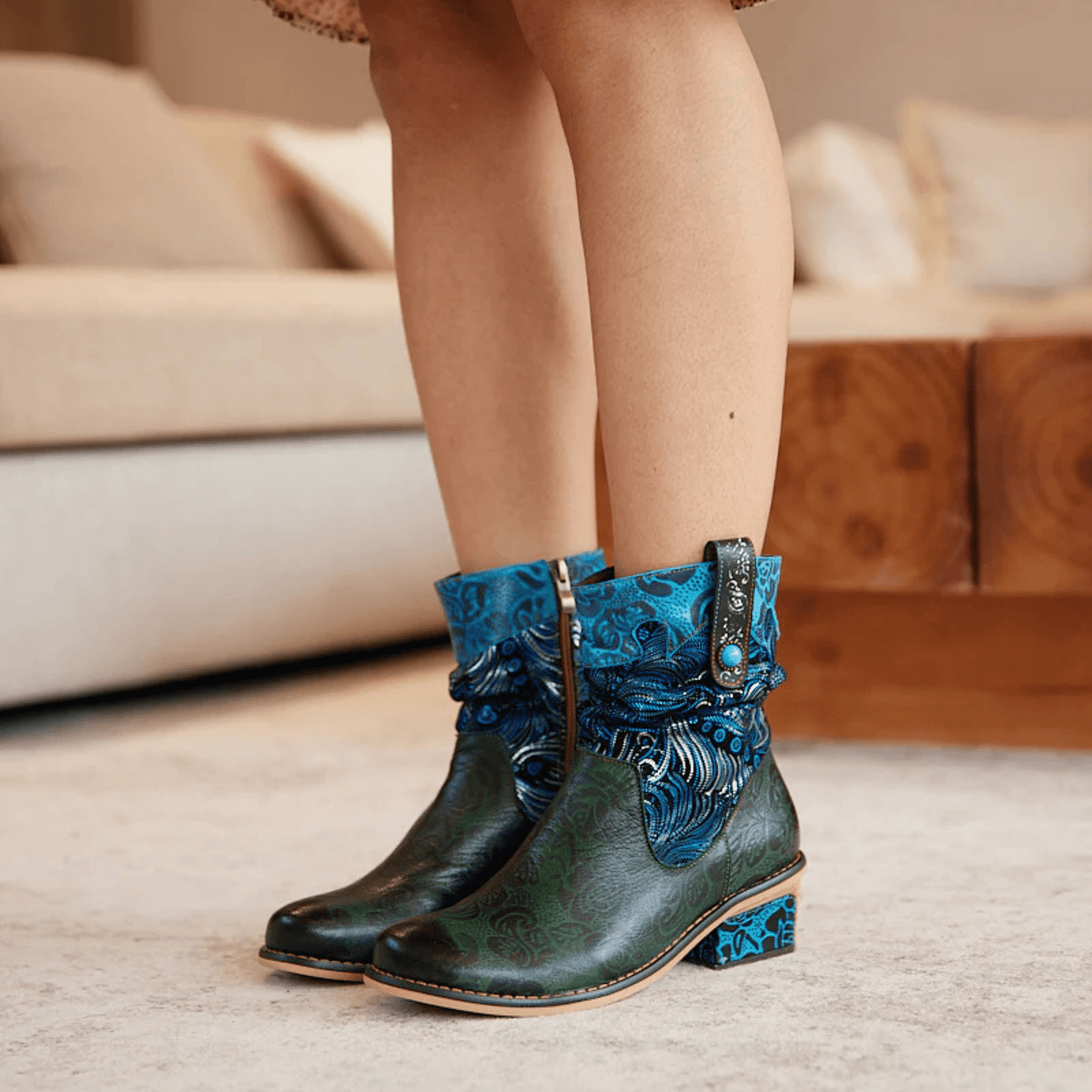 Women's Retro Olive Leather Ankle Boots - Trendiesty Worldwide