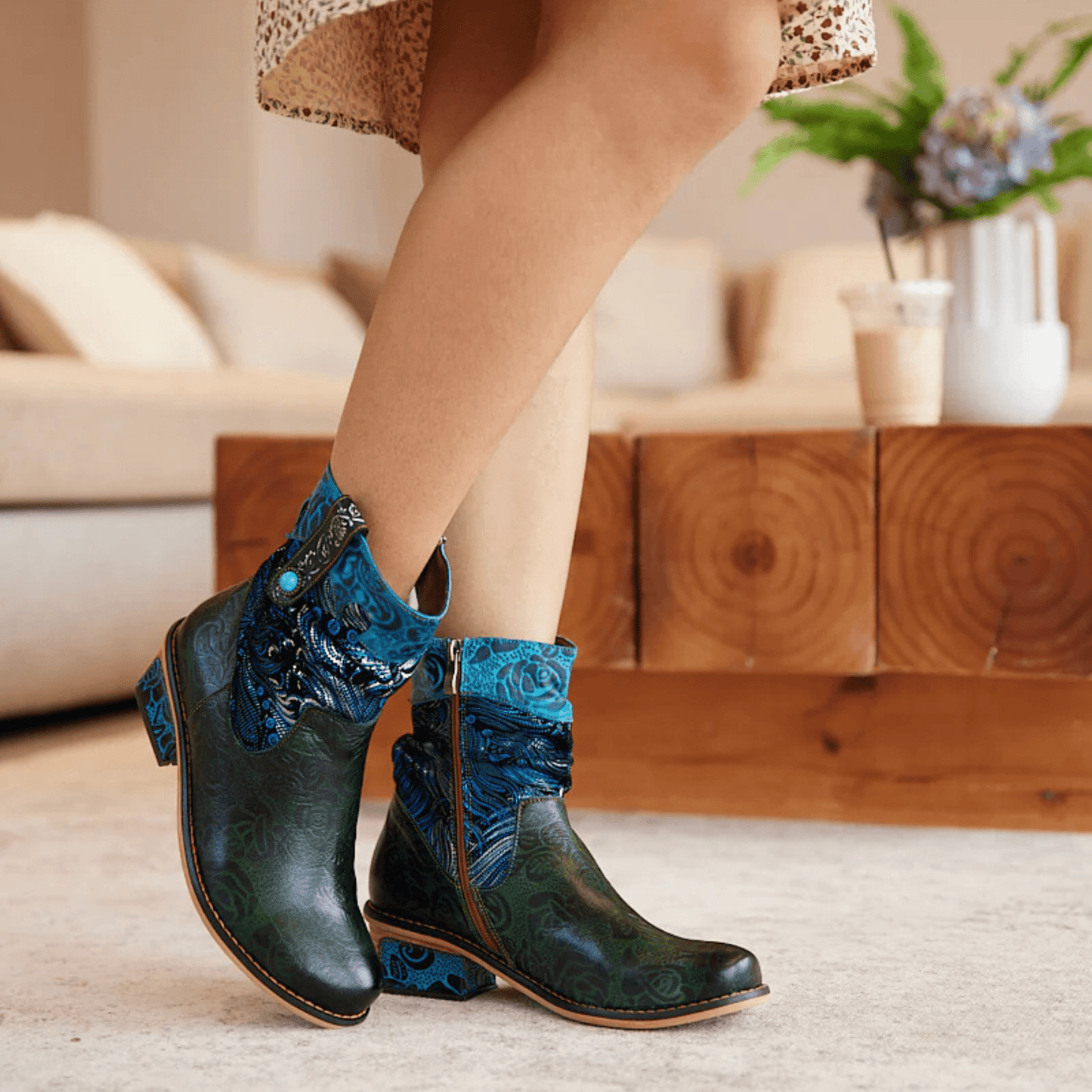 Women's Retro Olive Leather Ankle Boots - Trendiesty Worldwide