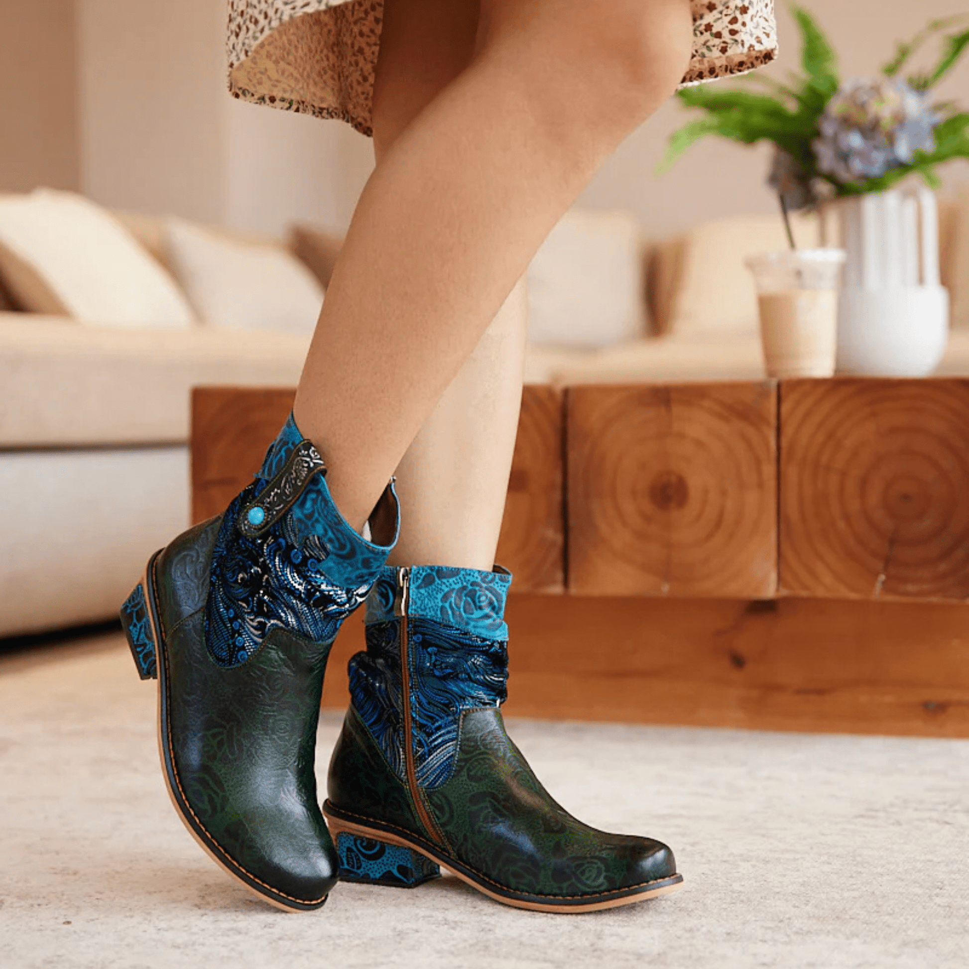 Women's Retro Olive Leather Ankle Boots - Trendiesty Worldwide