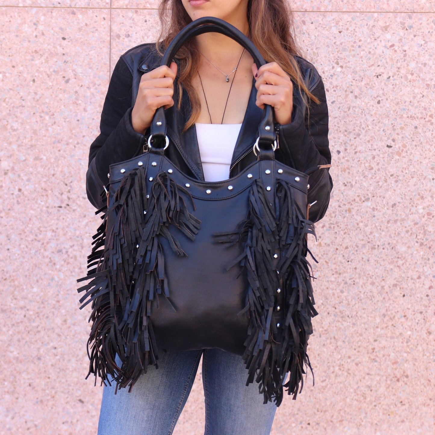 "Fringed" Leather tote bag