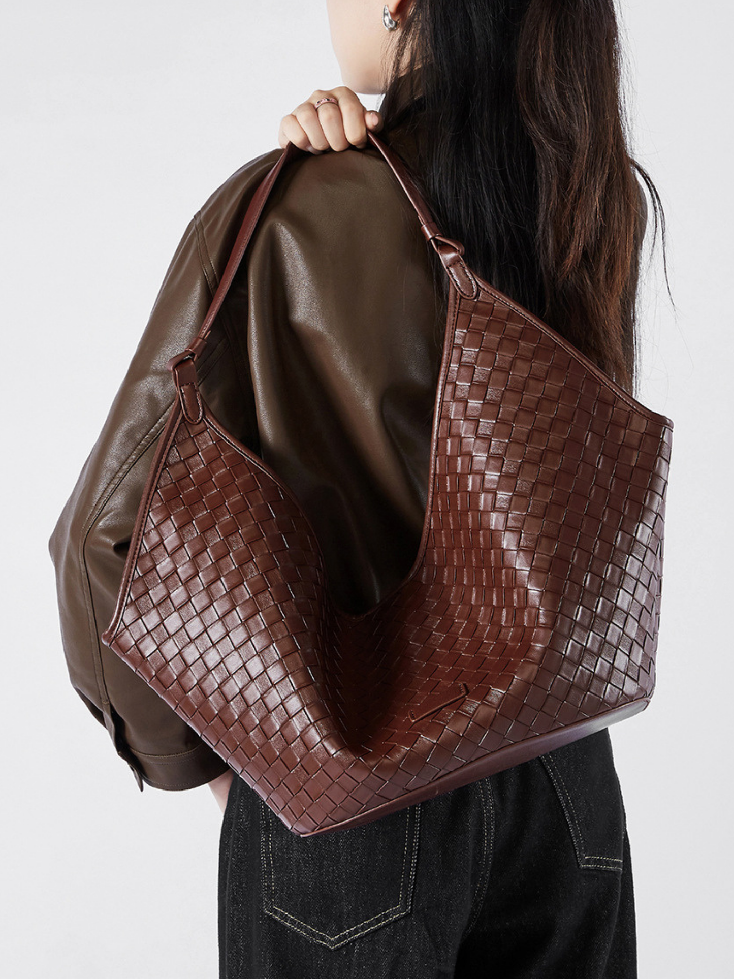 Woven Leather Hobo Shoulder Tote