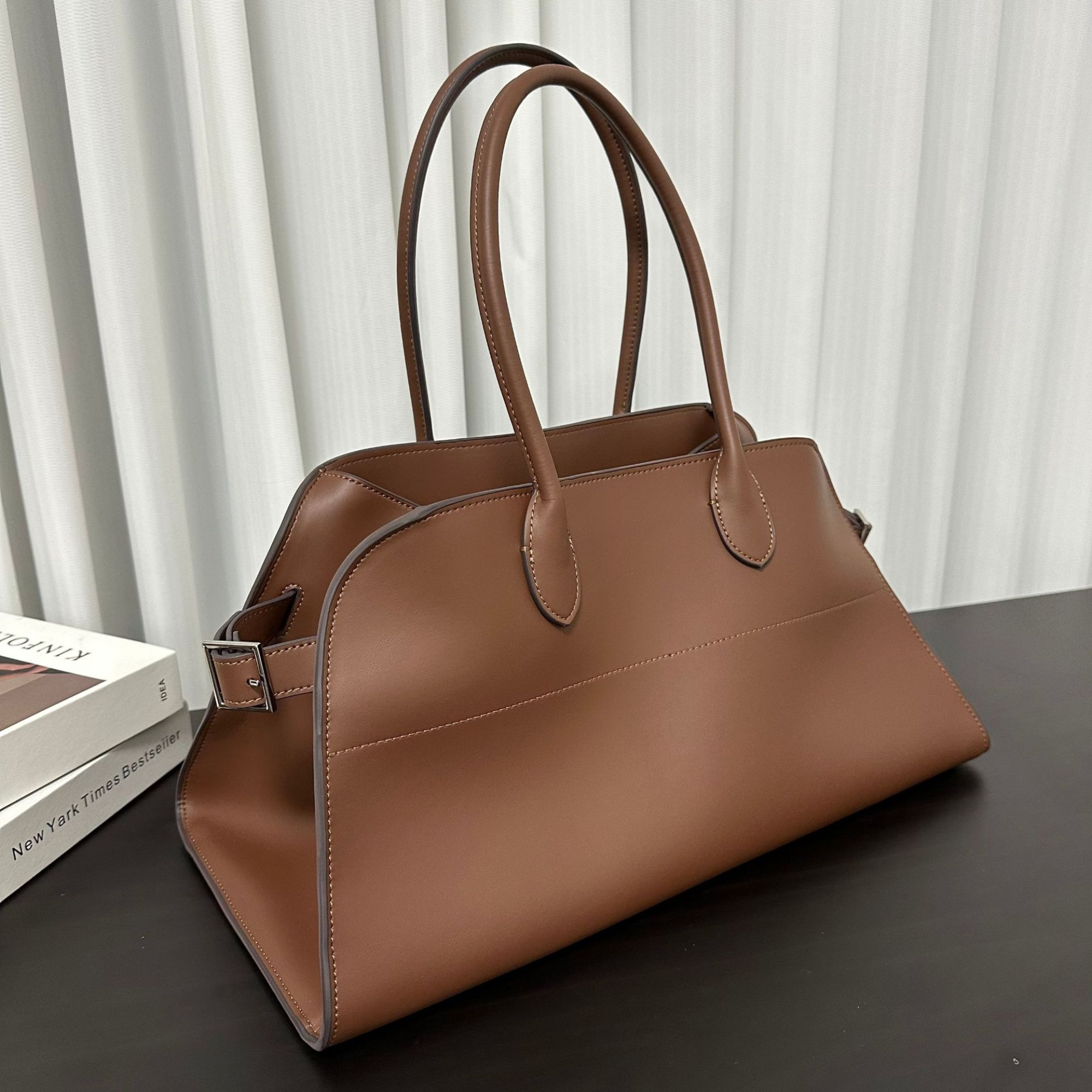 Wide-Base Structured Soft Leather Tote Bag