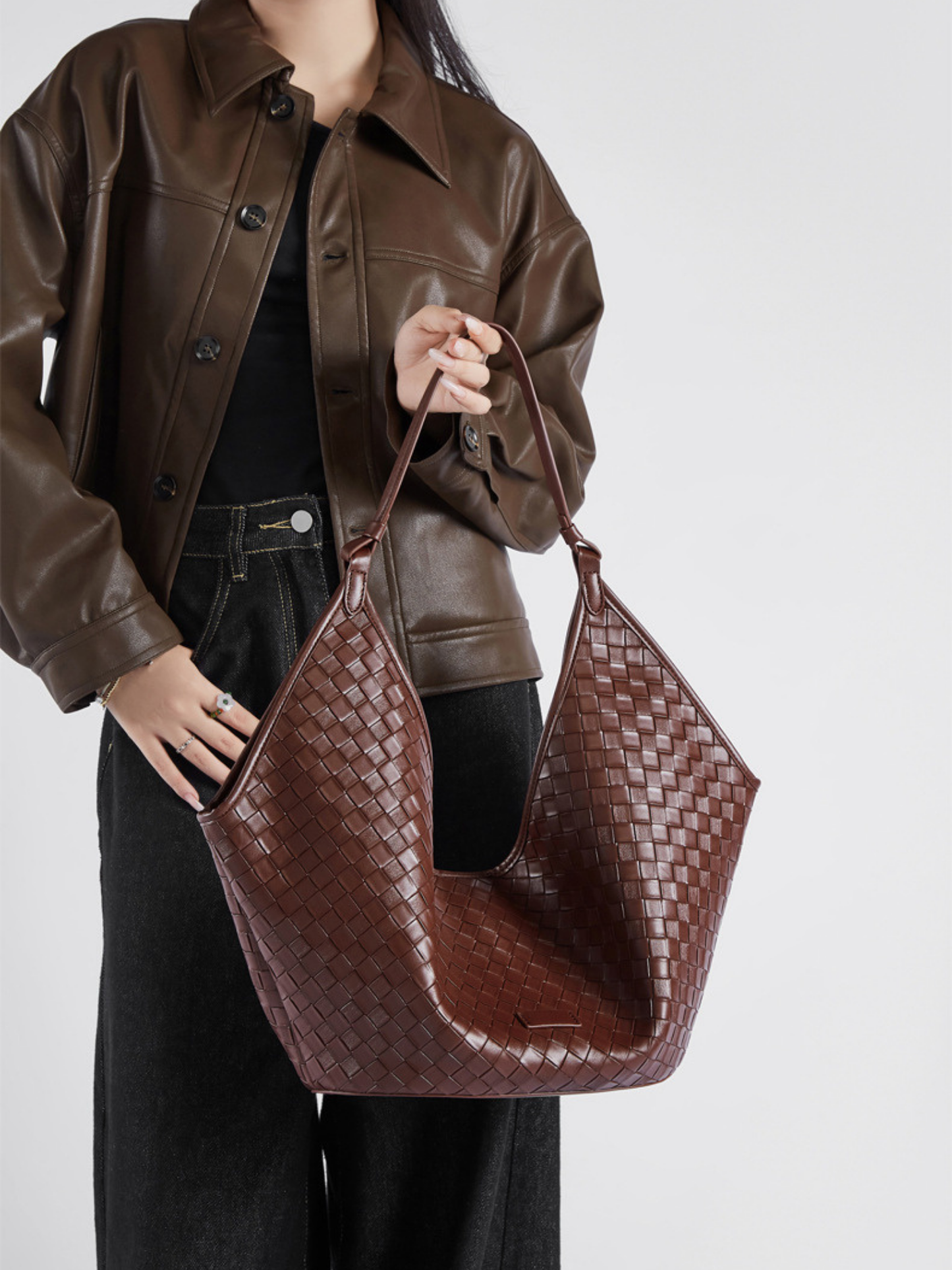 Woven Leather Hobo Shoulder Tote