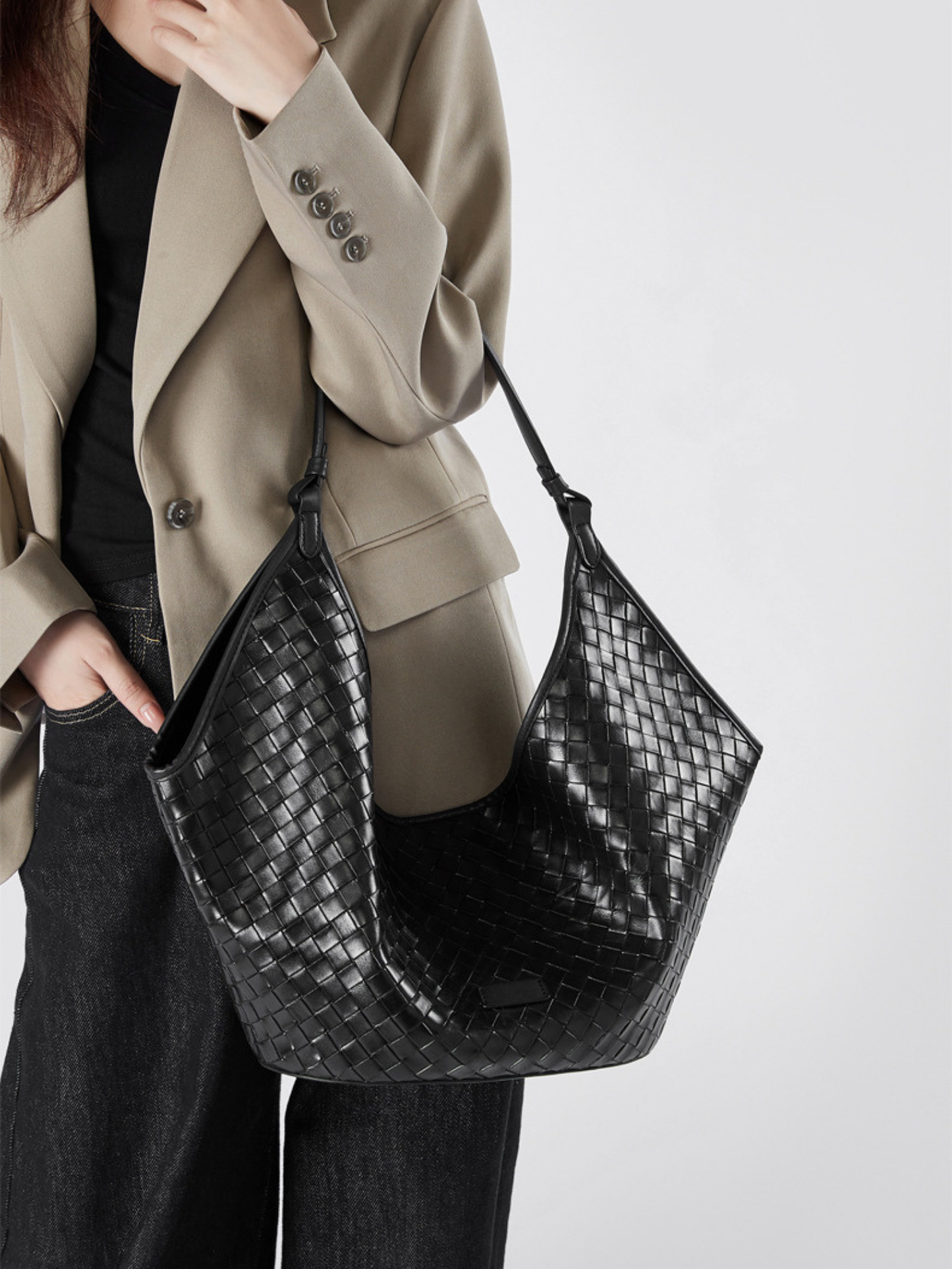 Woven Leather Hobo Shoulder Tote