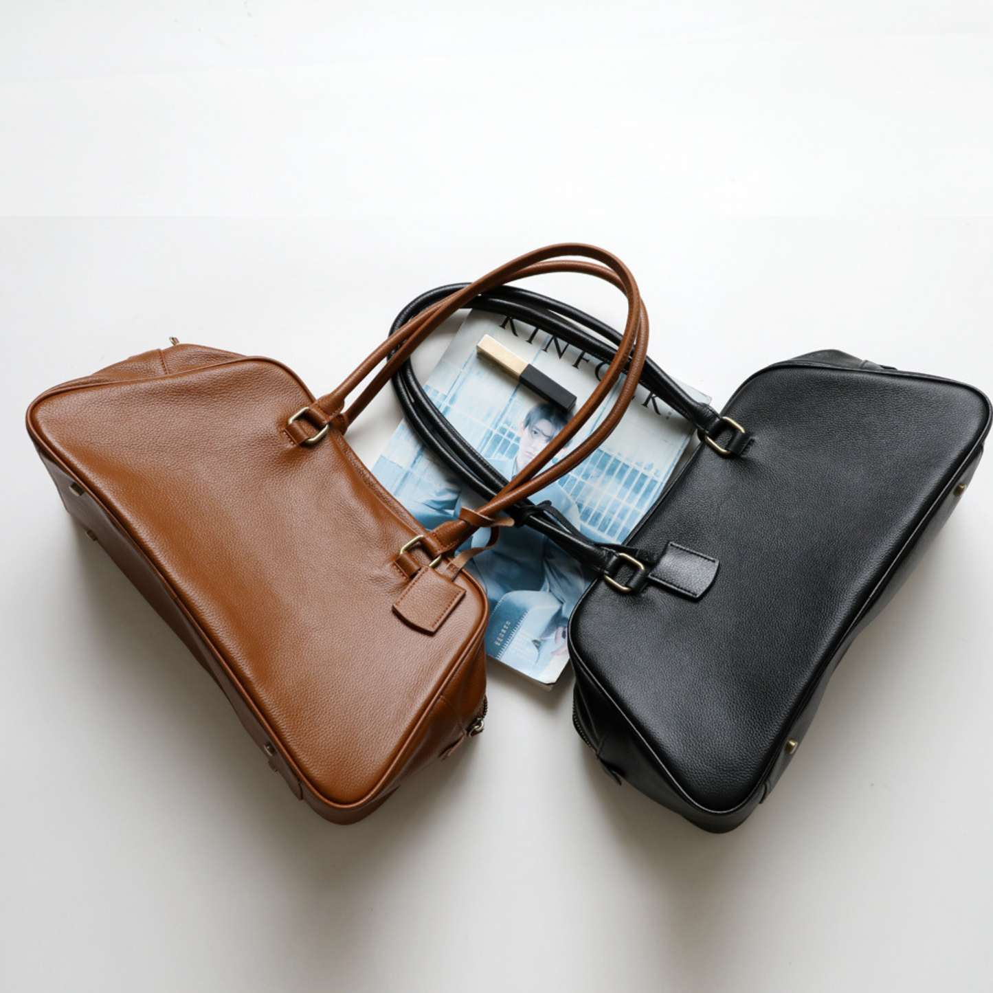 Large Capacity Zip‑Top Natural Leather Shoulder Bag